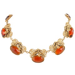ART NOUVEAU c.1930's Floral Filigree Brass & Amber Czech Glass Choker Necklace