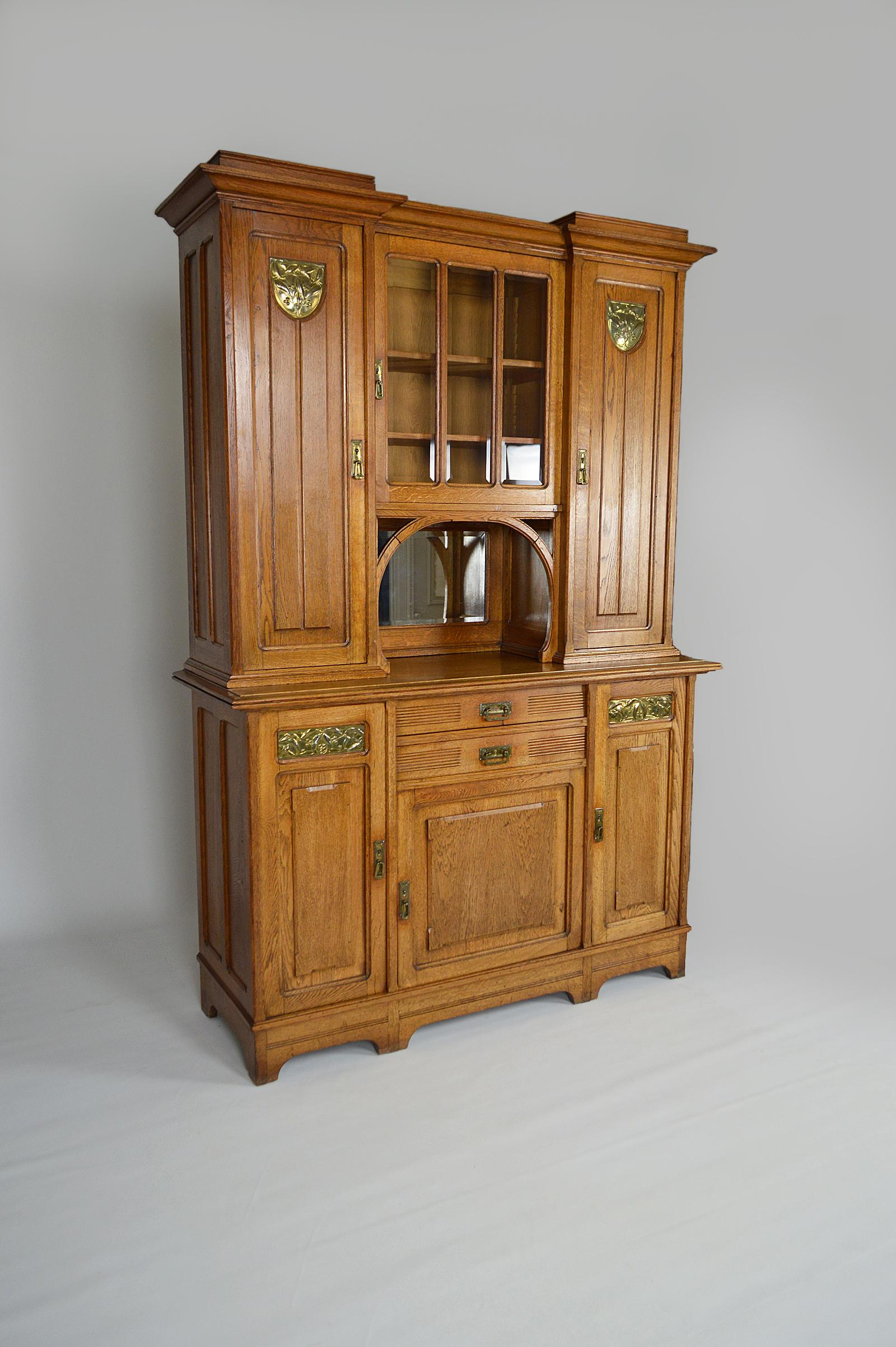 Arts and Crafts Art Nouveau Cabinet / Buffet in Oak and Brassware Panels, France, circa 1910 For Sale