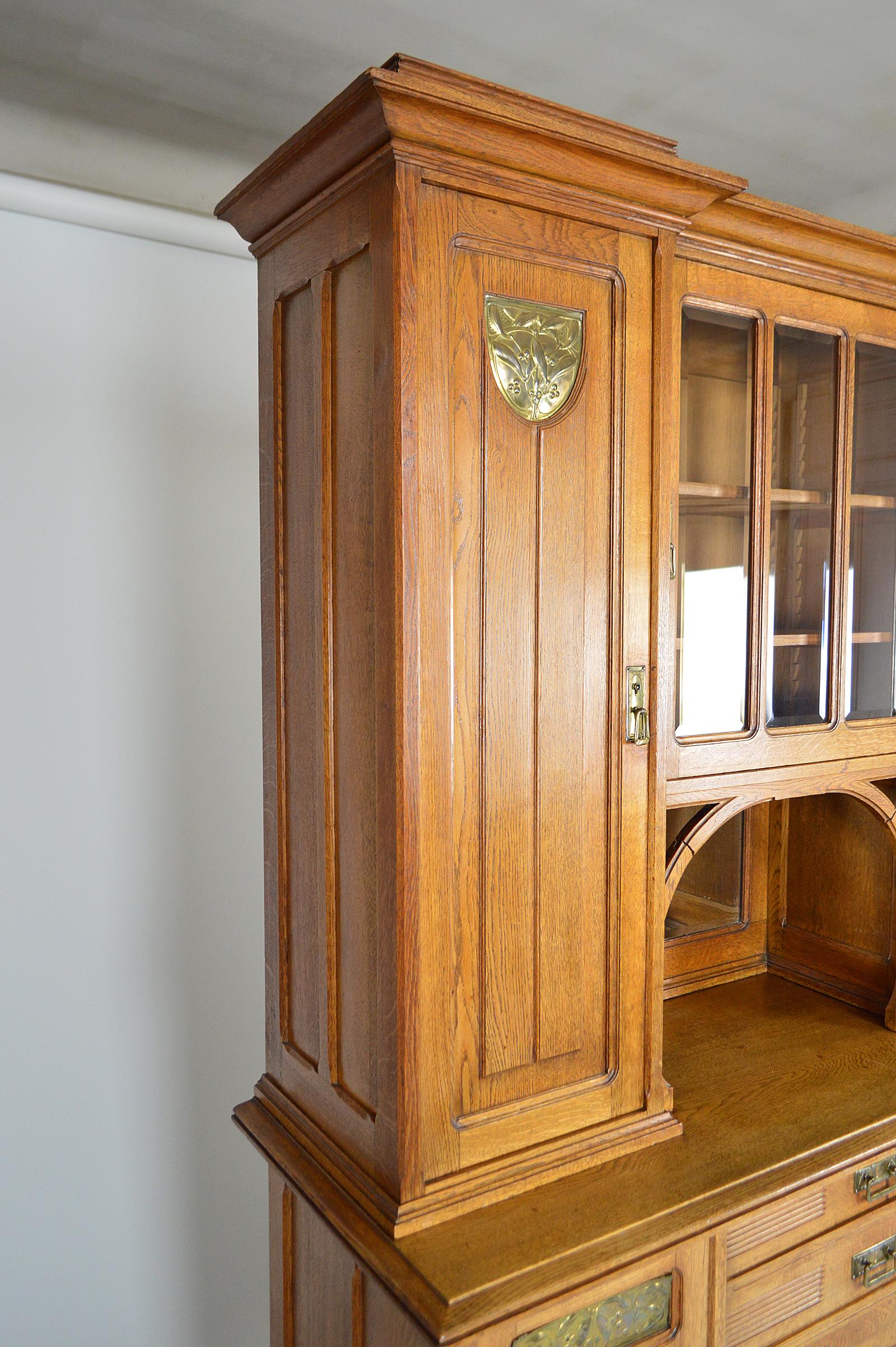 Early 20th Century Art Nouveau Cabinet / Buffet in Oak and Brassware Panels, France, circa 1910 For Sale