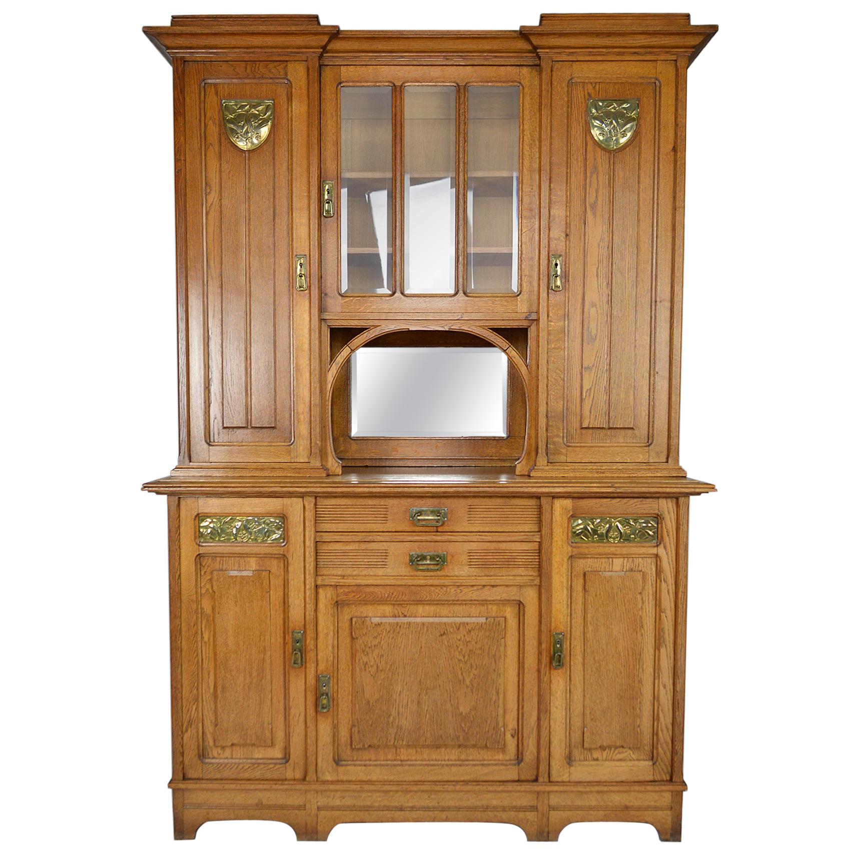 Art Nouveau Cabinet / Buffet in Oak and Brassware Panels, France, circa 1910 For Sale