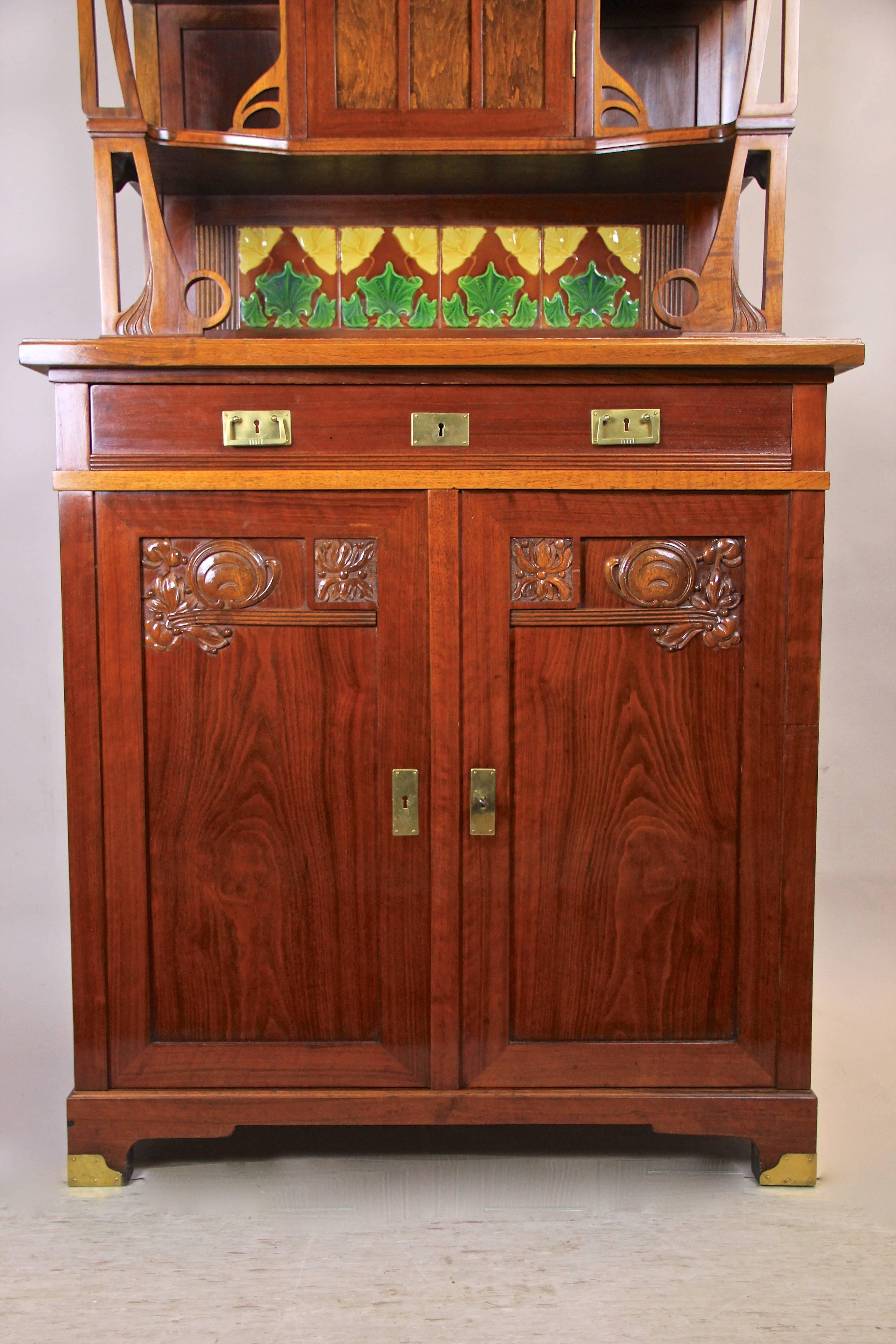 Austrian Art Nouveau Cabinet Nut Wood Hand-Carved, Austria, circa 1900