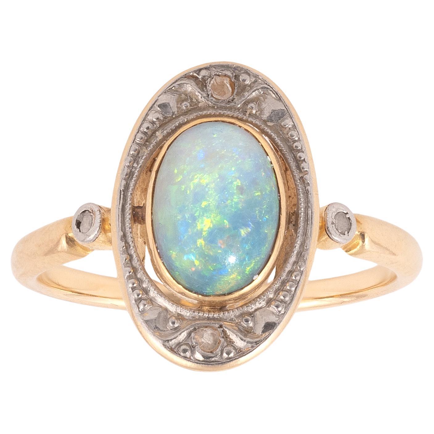 Women's or Men's Art Nouveau Cabochon Opal And Diamond Ring 1910's
