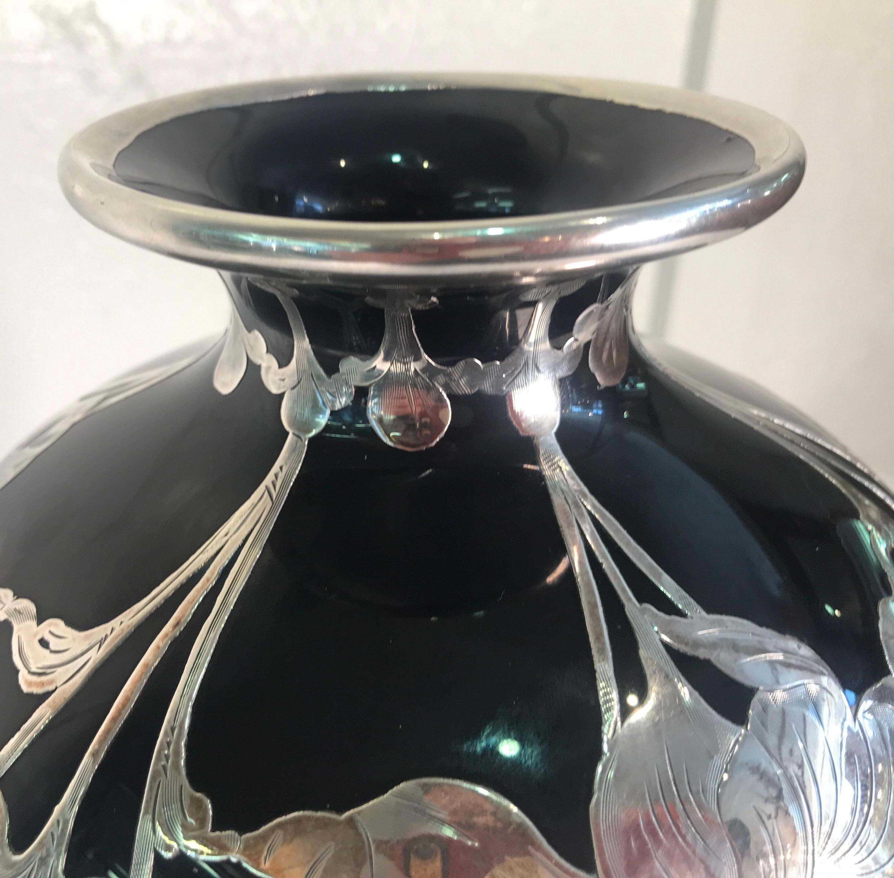 Exquisite CAC Lenox silver overlay cobalt blue large vase. Exception art nouveau styling with beep dark cobalt background and silver orchid pattern overlay.