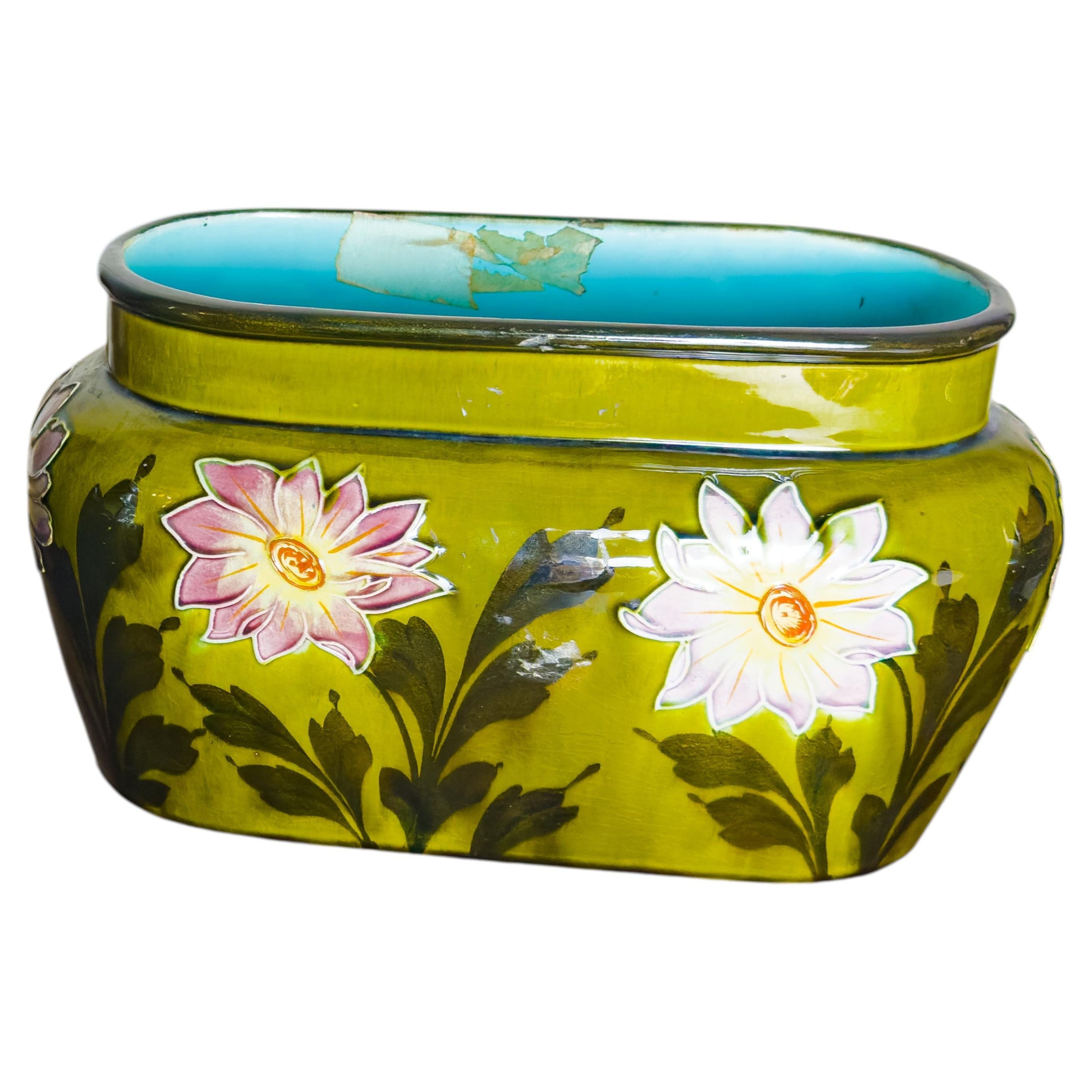 Jugendstil-Übertopfvase, Barbotine Green, frühes 20. Jahrhundert
