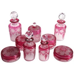 Art Nouveau Cameo Crystal Glass Val St Lambert 9-Piece Signed Dressing Table Set