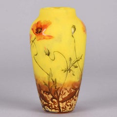 Art Nouveau Cameo Etched and Enamelled Glass Poppy Vase by Daum Freres