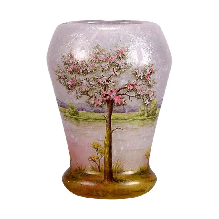 Art Nouveau Cameo Etched and Enamelled Glass Vase 
Paysage Rose
 by Daum Freres