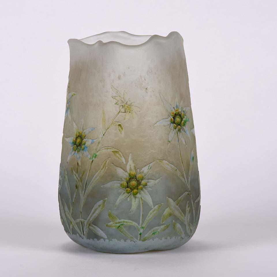 Art Nouveau Cameo Etched and Enamelled Glass 'Edelweiss Vase' by Daum Freres In Excellent Condition In London, GB