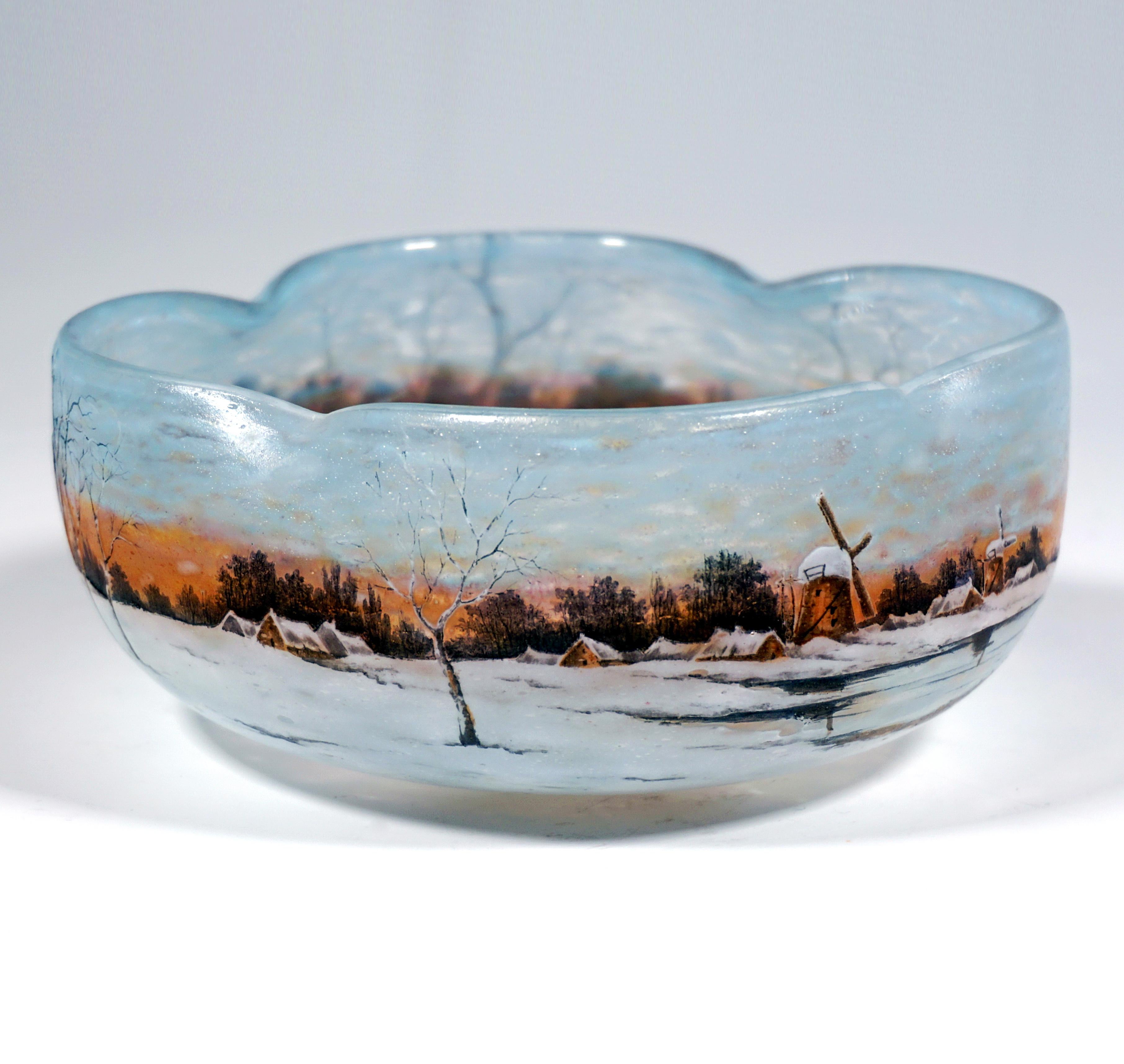 Etched Art Nouveau Cameo Glass Bowl With Winter Landscape, Daum Nancy, France, ca 1900 For Sale
