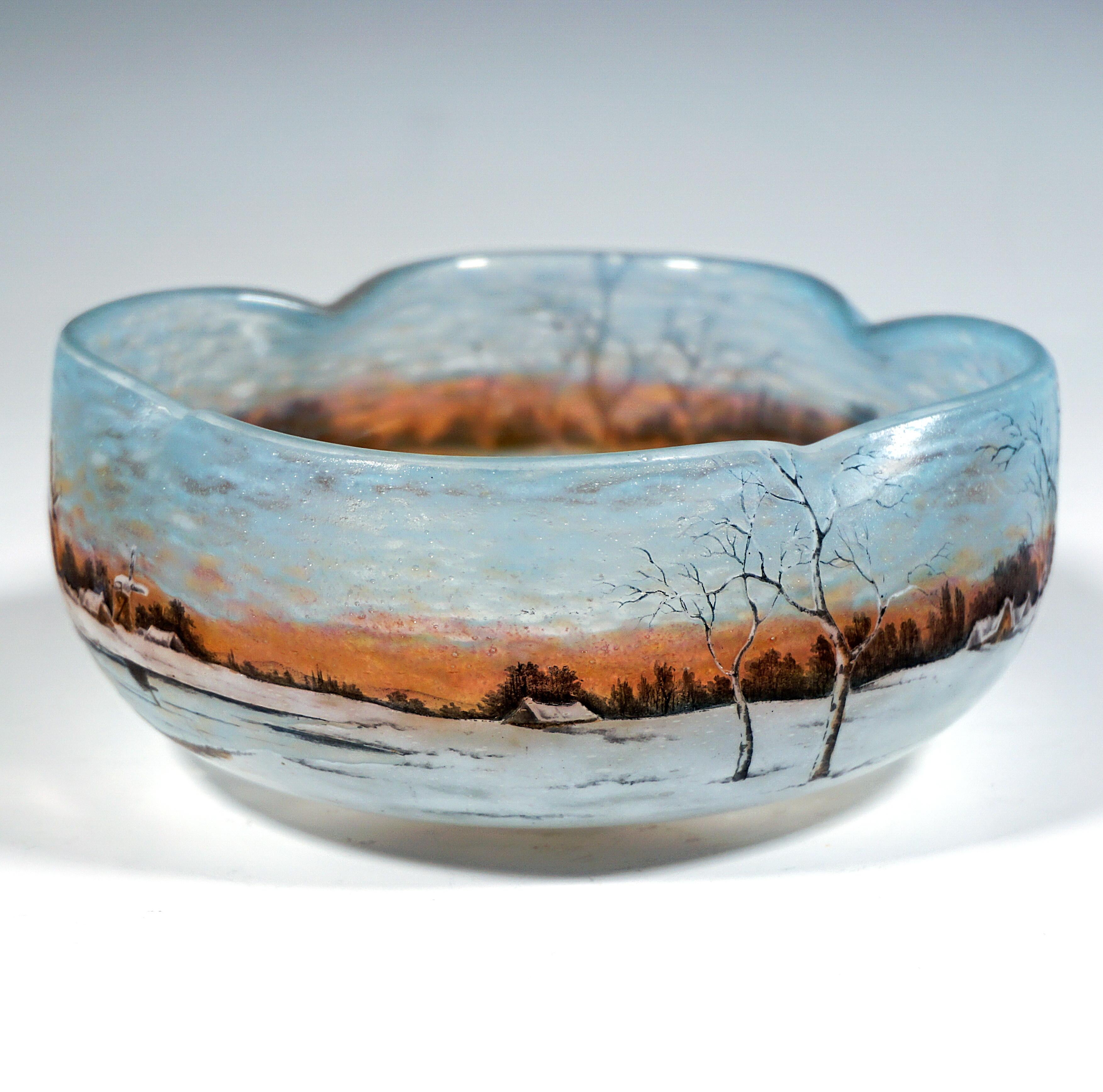 Late 19th Century Art Nouveau Cameo Glass Bowl With Winter Landscape, Daum Nancy, France, ca 1900 For Sale