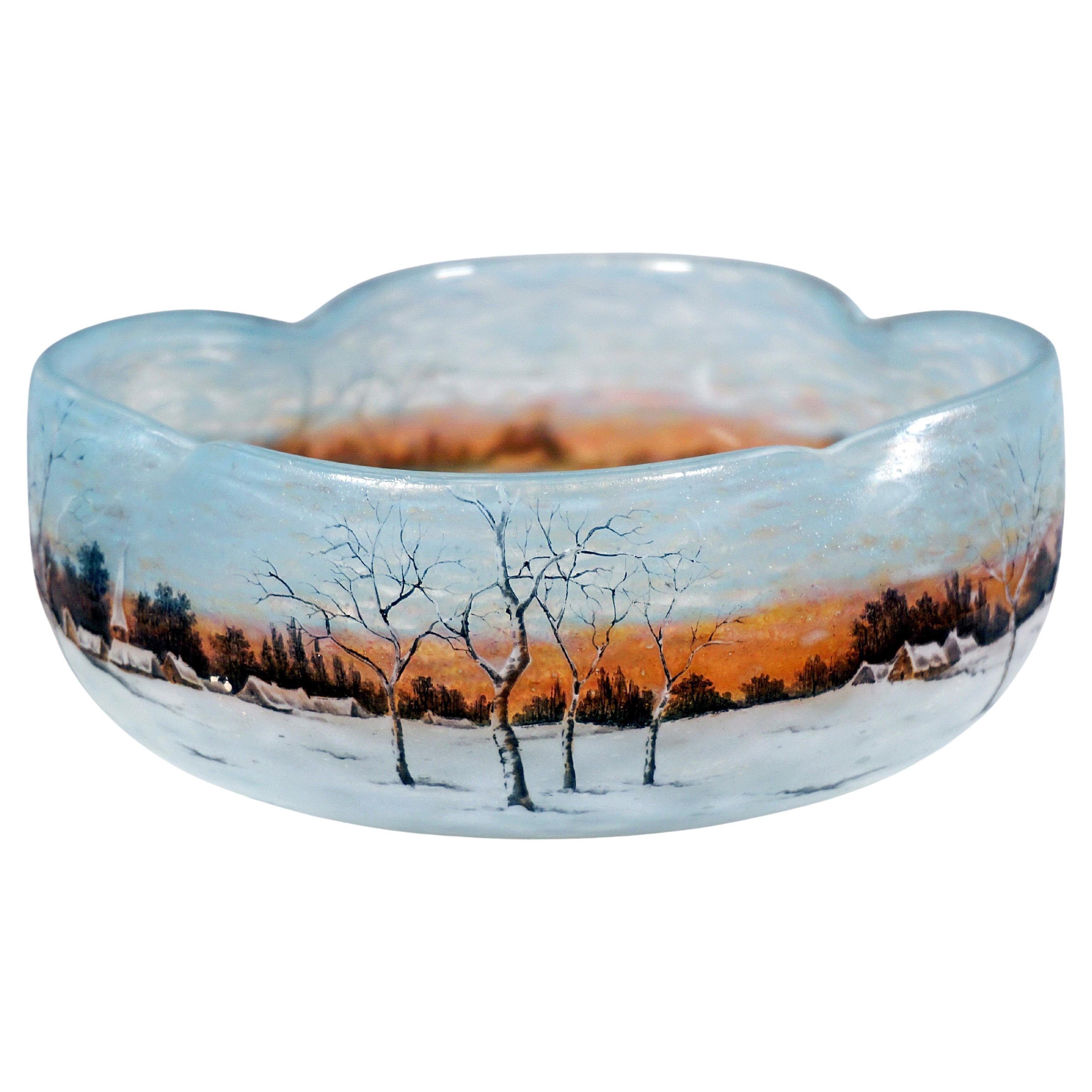 Art Nouveau Cameo Glass Bowl With Winter Landscape, Daum Nancy, France, ca 1900 For Sale