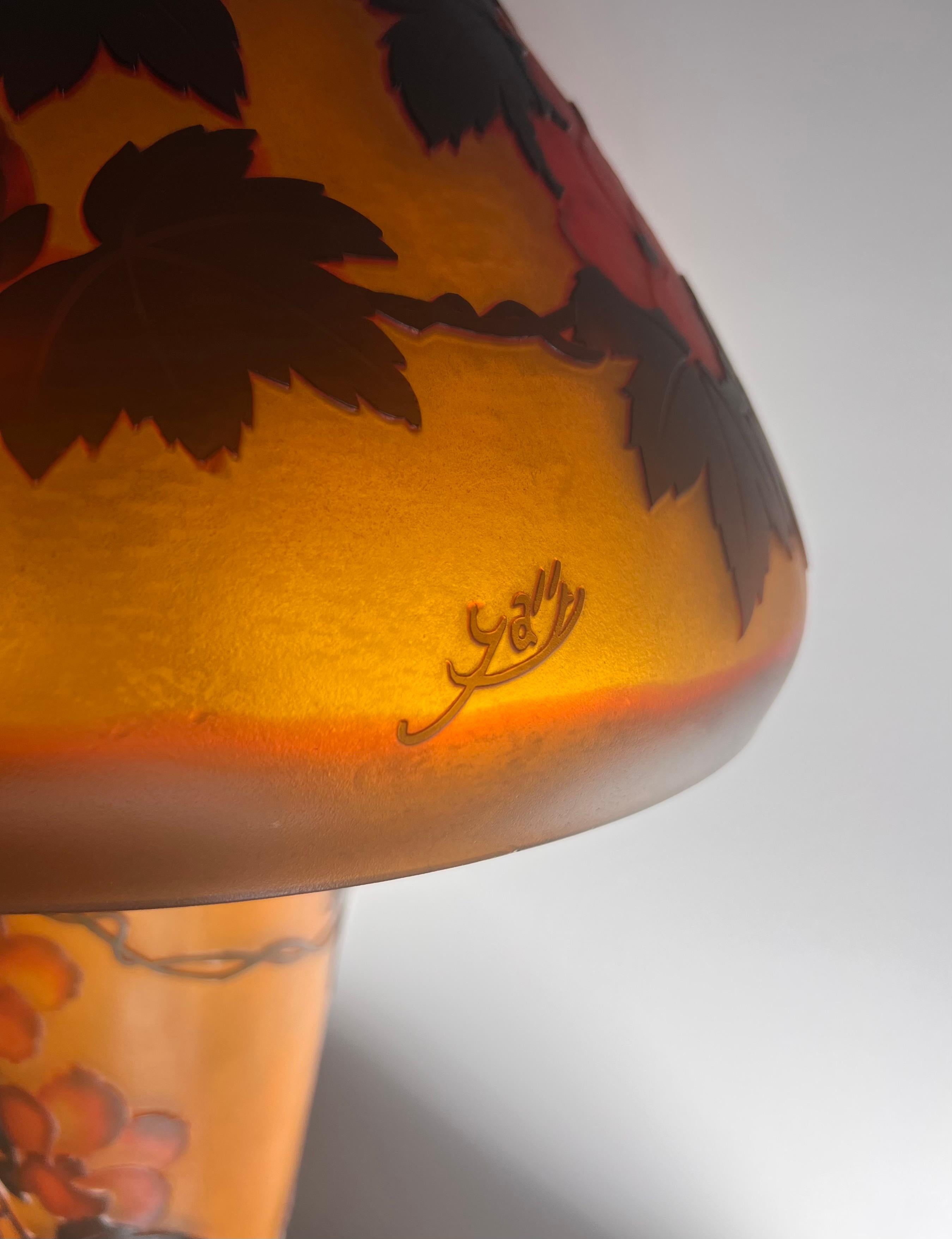 Unknown Art Nouveau cameo glass table lamp after Gallé, signed, circa 1975 For Sale
