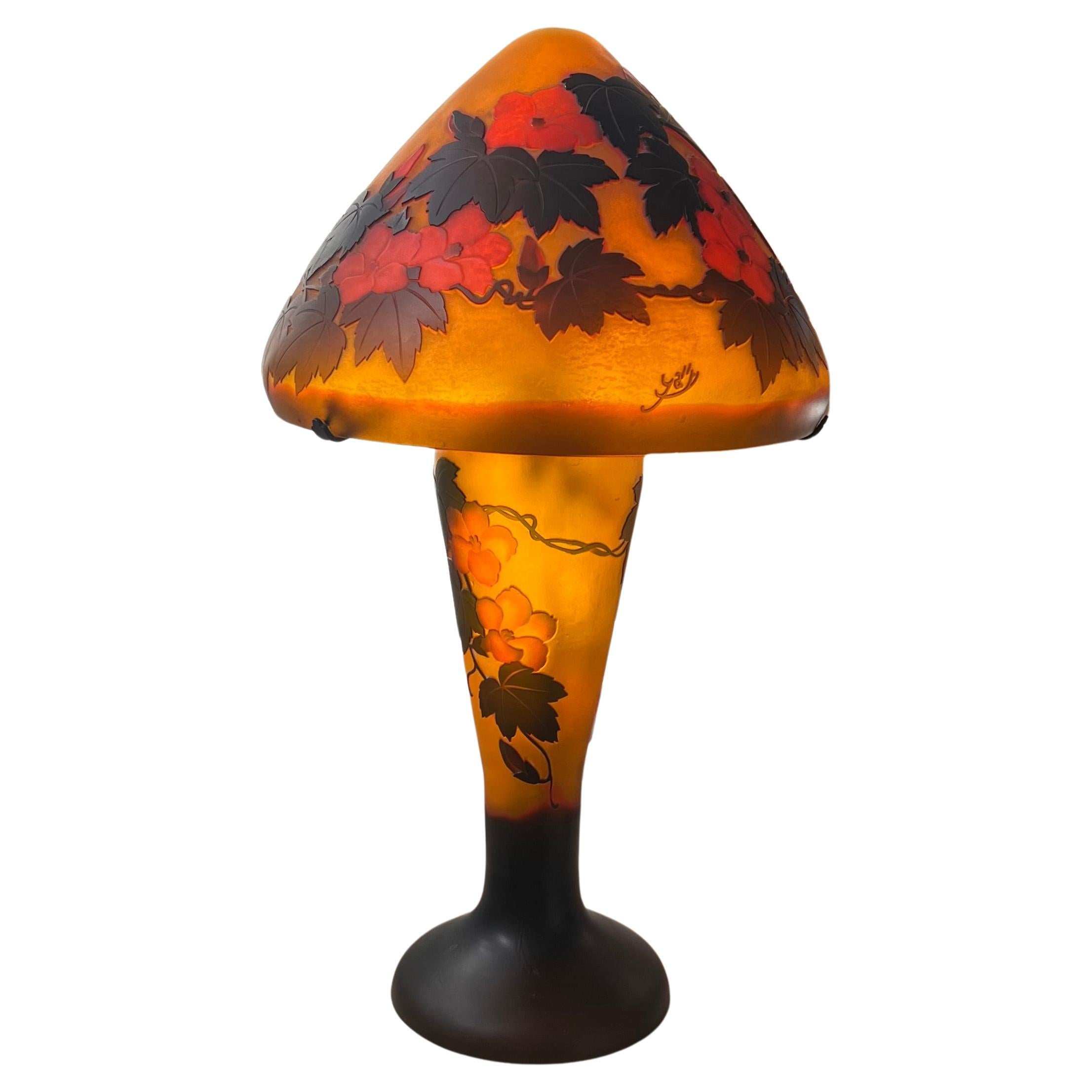 Art Nouveau cameo glass table lamp after Gallé, signed, circa 1975 For Sale