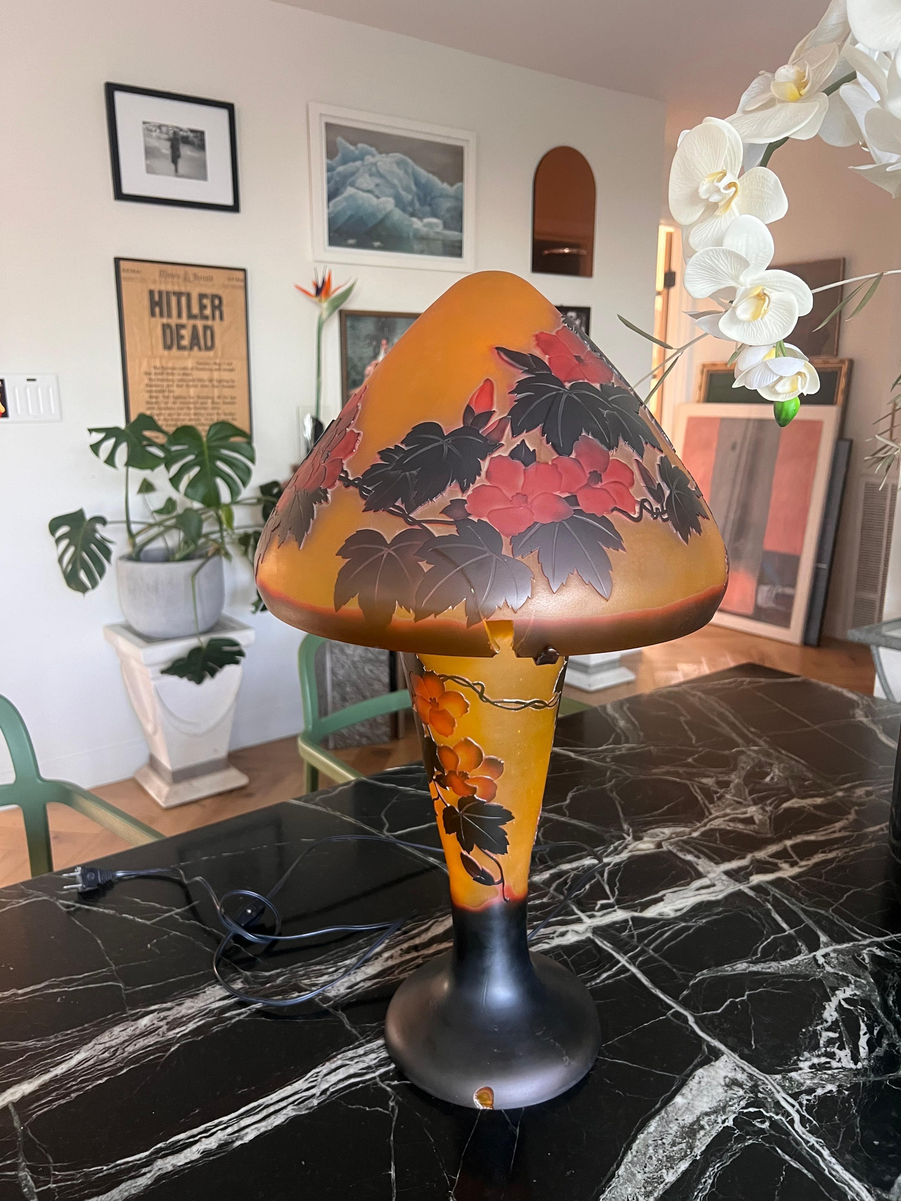 Art Nouveau cameo glass table lamp after Gallé, signed, circa 1975 6