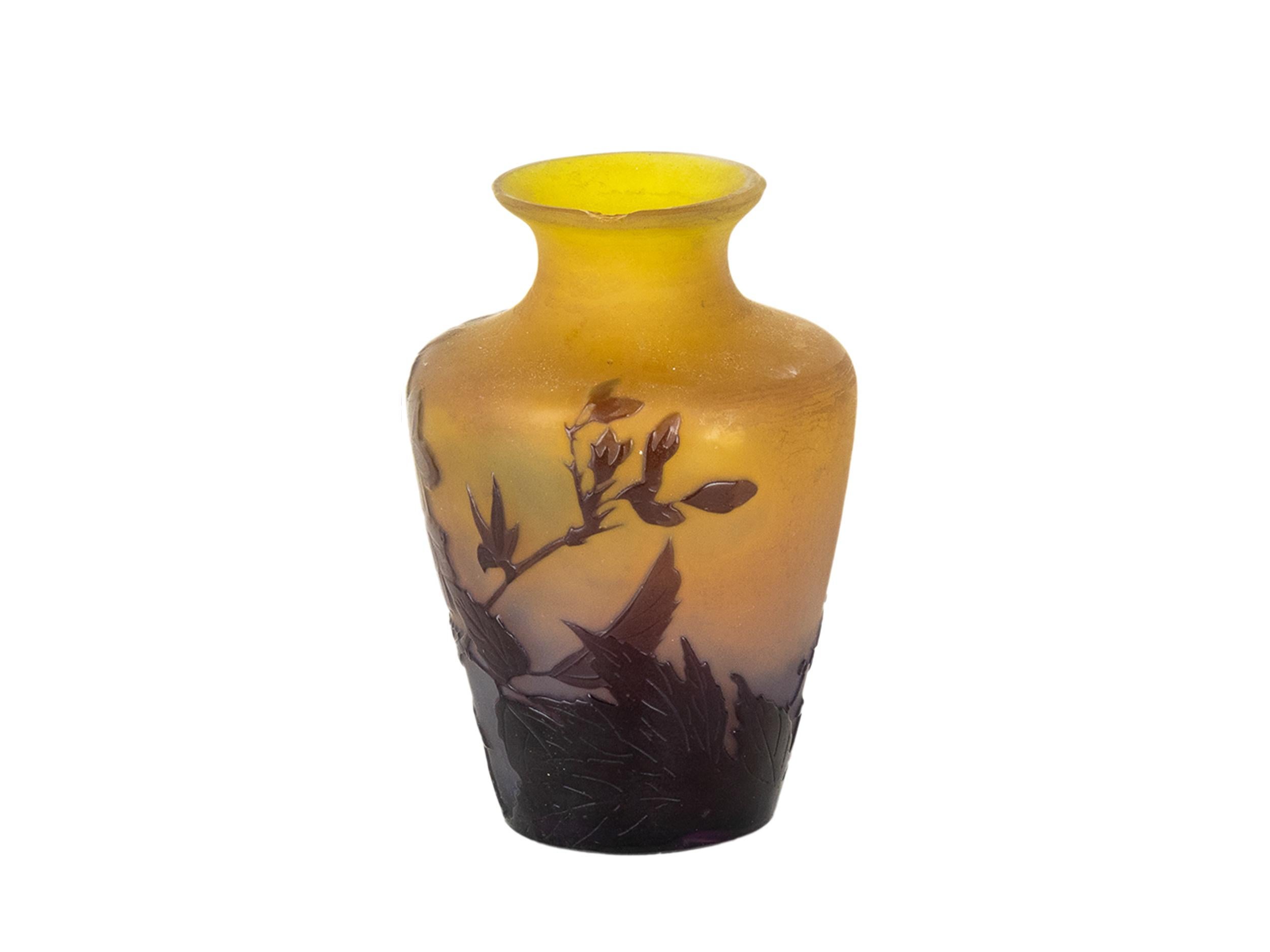 This exquisite Art Nouveau vase by Émile Gallé features acid-etched clematis flowers and leaves in warm brown and amber tones over a yellow ground. The design is meticulously carved in cameo glass, creating depth and movement as the flowers and