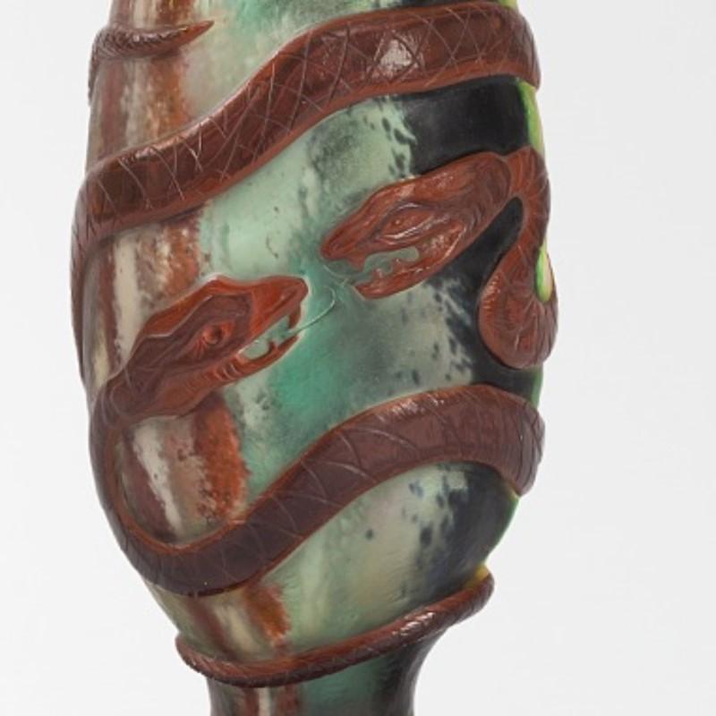 Art Nouveau Ernest Leveillé Wheel-Carved Serpents Cameo Glass Vase