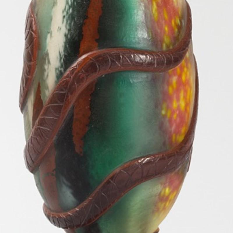 French Ernest Leveillé Wheel-Carved Serpents Cameo Glass Vase