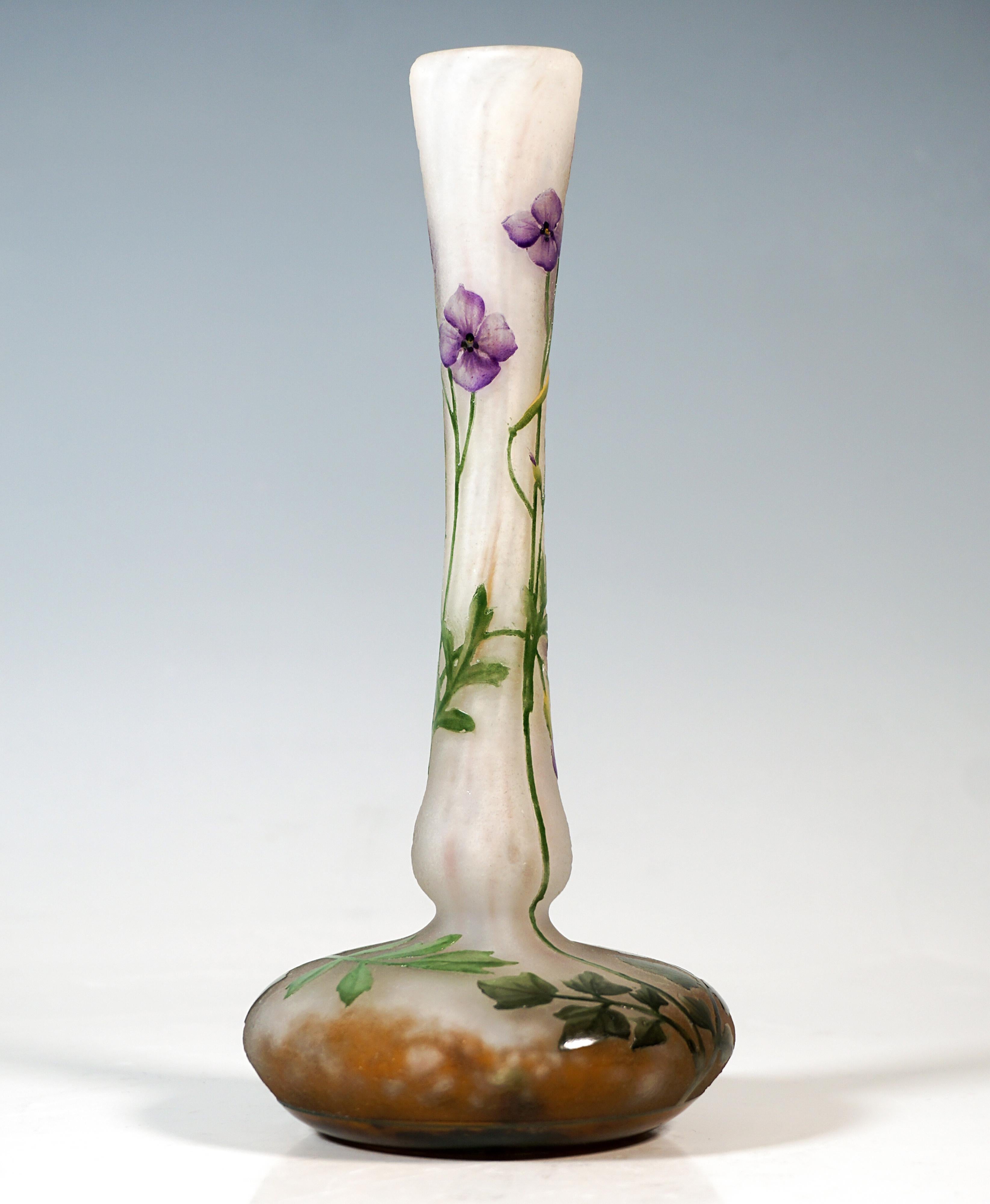 Baluster-shaped vase, bulbous body on a flush base with a long, slender trumpet-shaped neck, colourless glass with flaky white, brown and green powder inclusions, exterior highly etched and delicately painted with coloured enamel dame's rocket