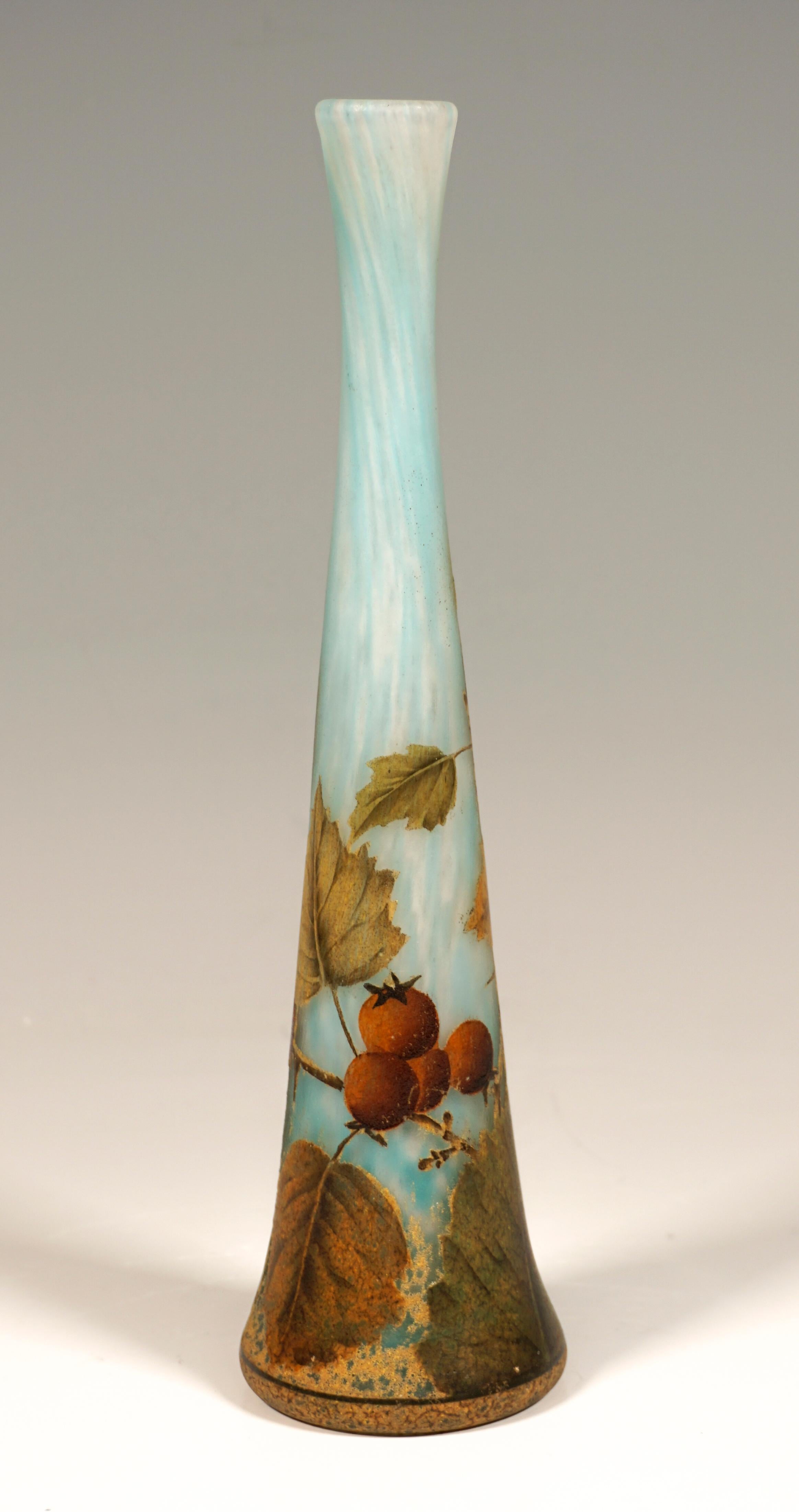 Solitaire vase with a flush round stand, wall tapering in a conical, slender form towards the top and then opening again slightly, colorless glass with flaky white and light blue powdered color inclusions running in warped, vertical lines, with