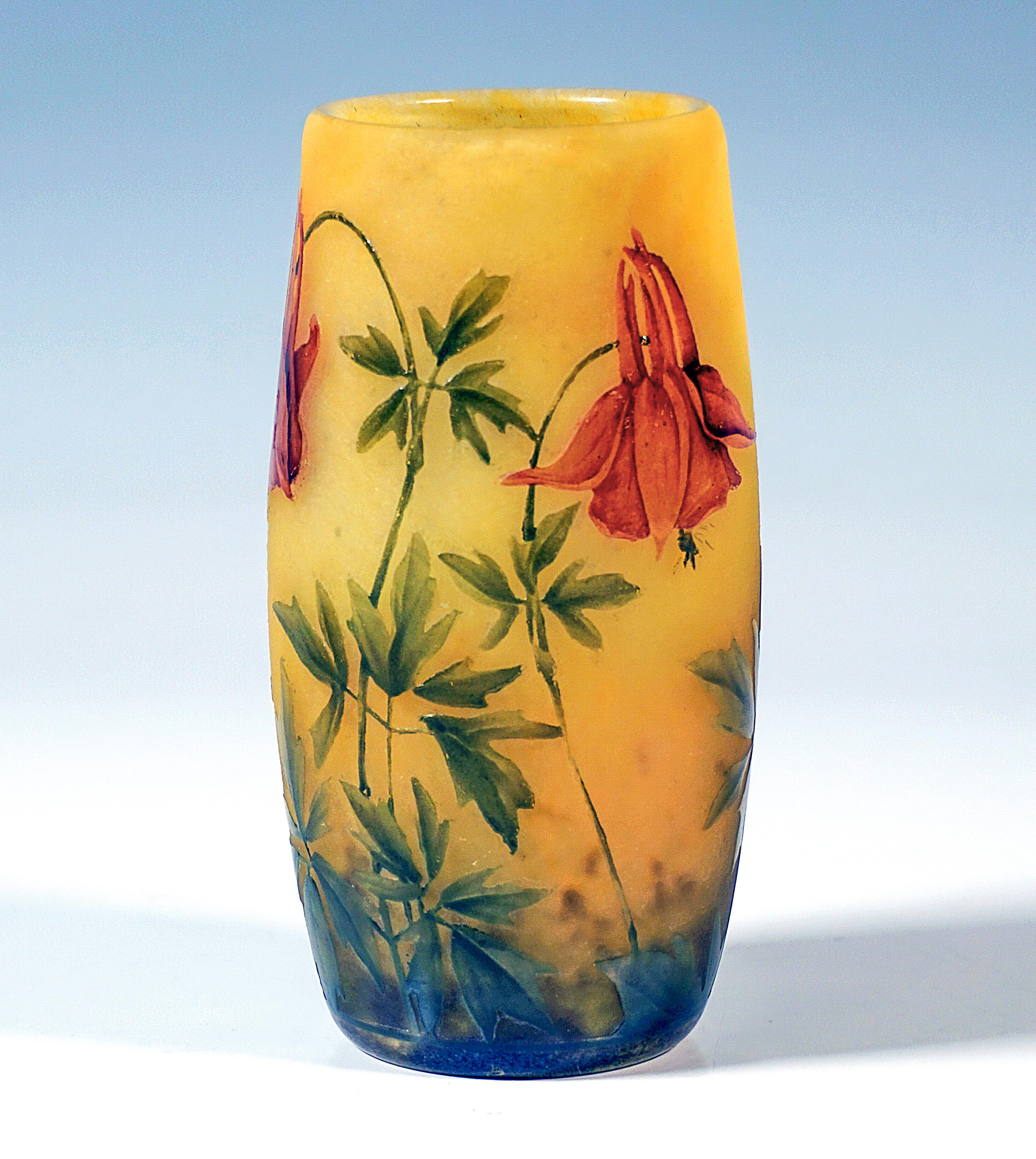 Cylindrical vase, colourless glass with flaky yellow-orange, with brown powder inclusions in the lower section, highly etched exterior and delicately painted with coloured enamel, columbine decoration against an ice-glass-like satin finish in the