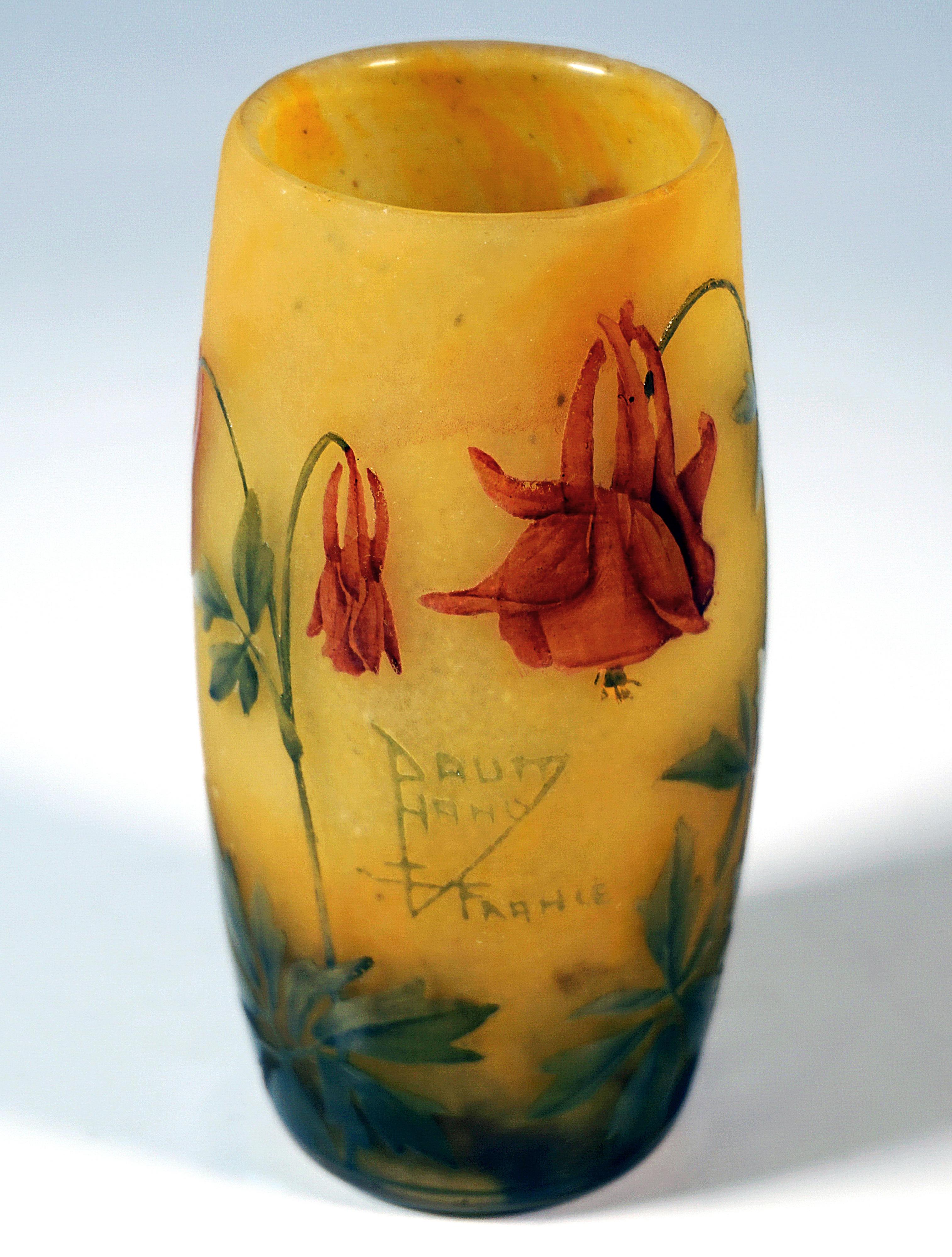 Etched Art Nouveau Cameo Vase 'Ancolie', Columbine Decor, Daum Nancy, France, Ca 1910 For Sale