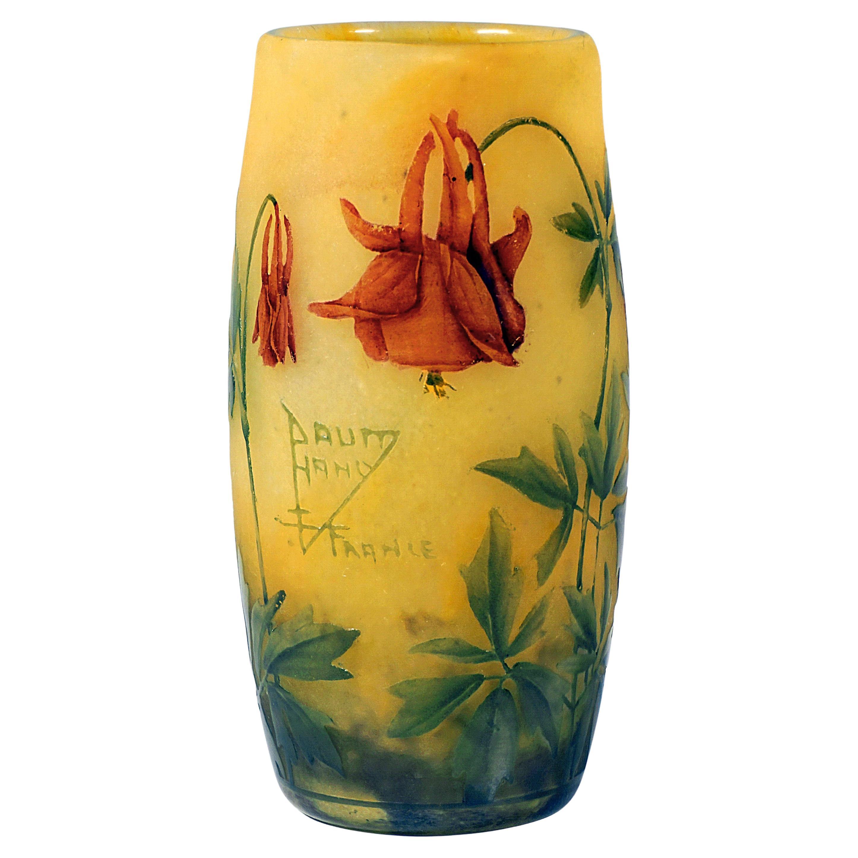 Art Nouveau Cameo Vase 'Ancolie', Columbine Decor, Daum Nancy, France, Ca 1910 For Sale