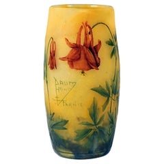 Antique Art Nouveau Cameo Vase 'Ancolie', Columbine Decor, Daum Nancy, France, Ca 1910