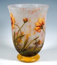 Art Nouveau Cameo Vase, Fleur De Souci, Marigold, Daum Nancy, France, Circa 1910