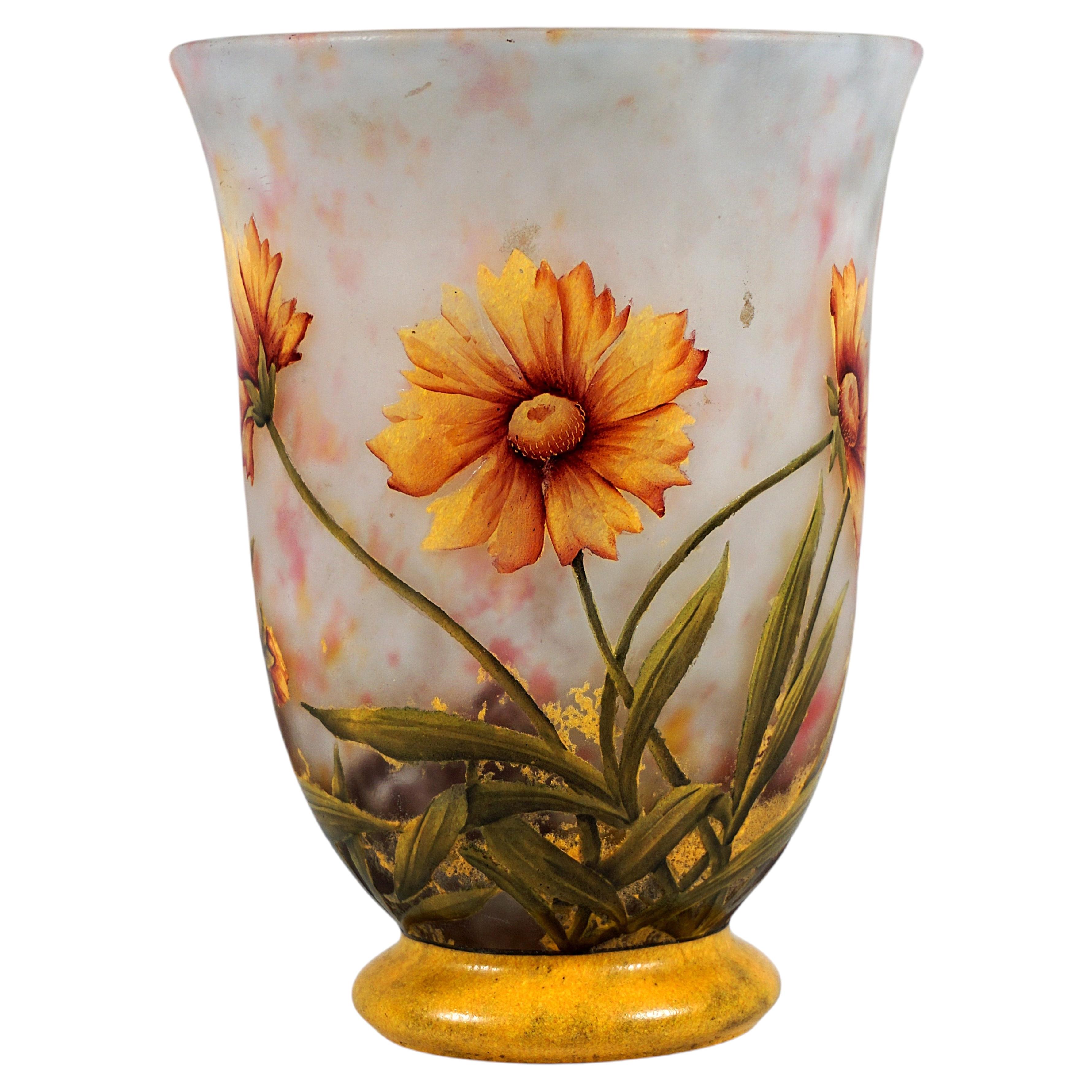 Art Nouveau Cameo Vase, Fleur De Souci, Marigold, Daum Nancy, France, Circa 1910