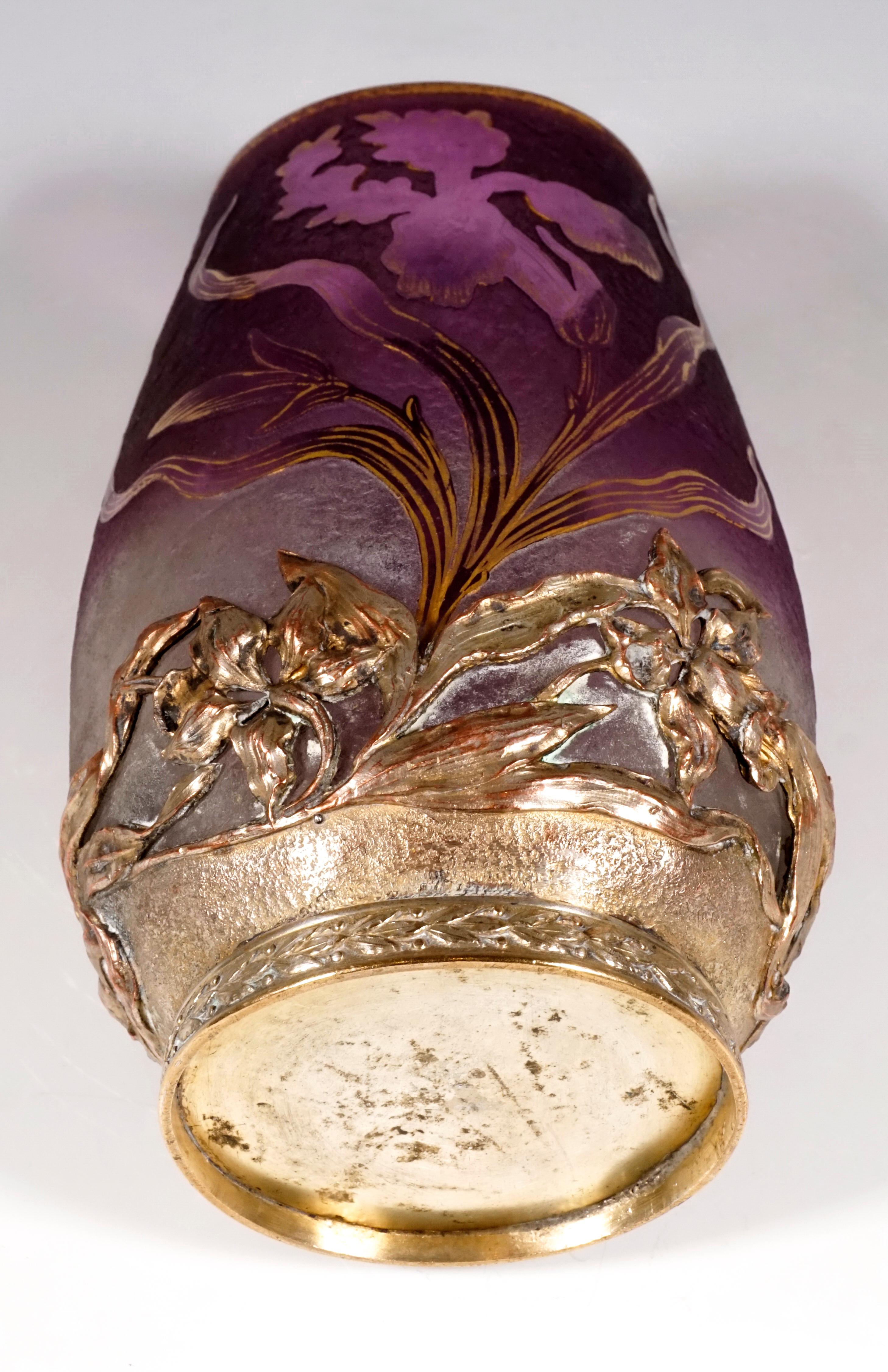 Etched Art Nouveau Cameo Vase with Iris Decor & Mounting Daum Nancy, France, circa 1900