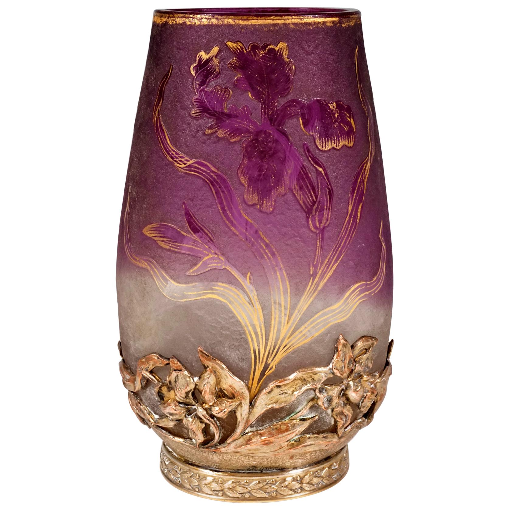 Art Nouveau Cameo Vase with Iris Decor 
Mounting Daum Nancy, France, circa 1900