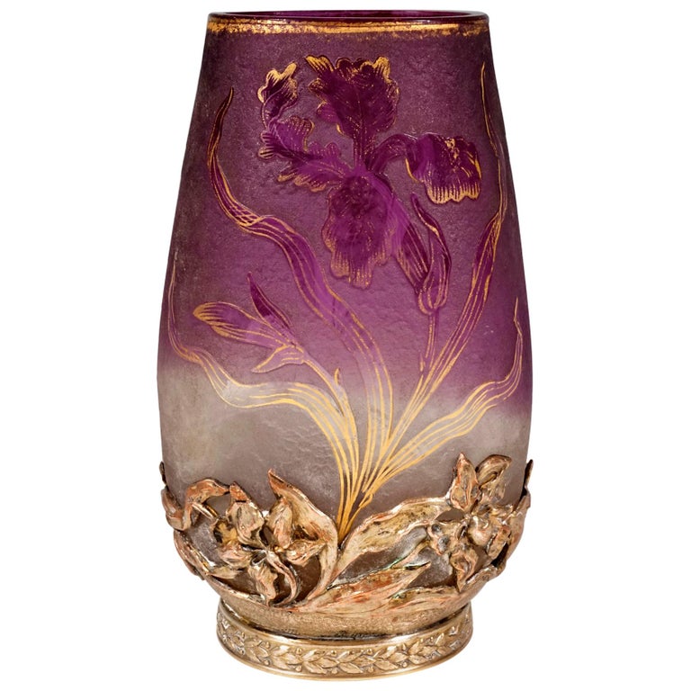 Art Nouveau Cameo Vase with Iris Decor and Mounting Daum Nancy, France,  circa 1900 at 1stDibs