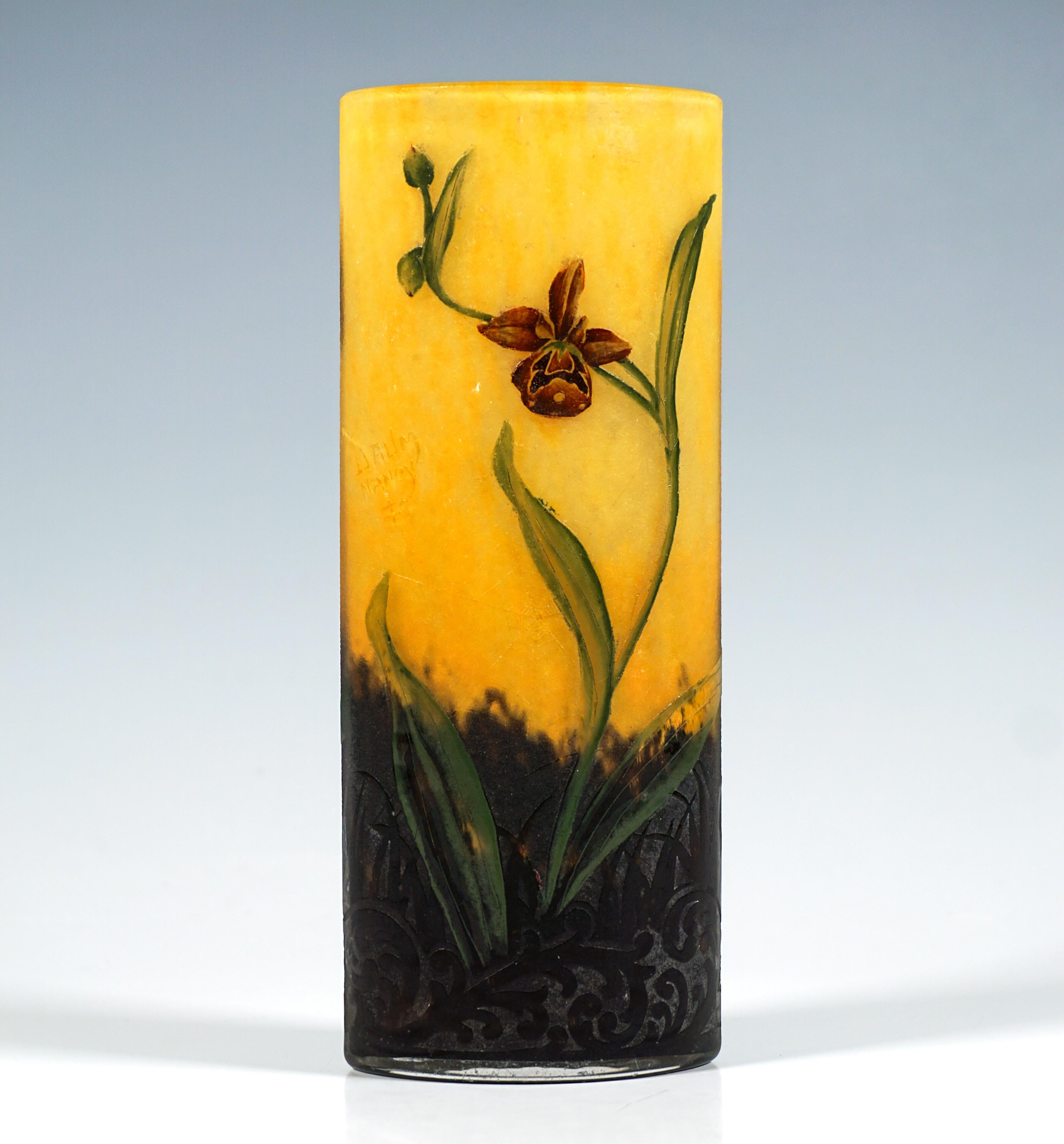 French Art Nouveau Cameo Vase With Lady's Slipper Decor, Daum Nancy, France, ca 1900/05