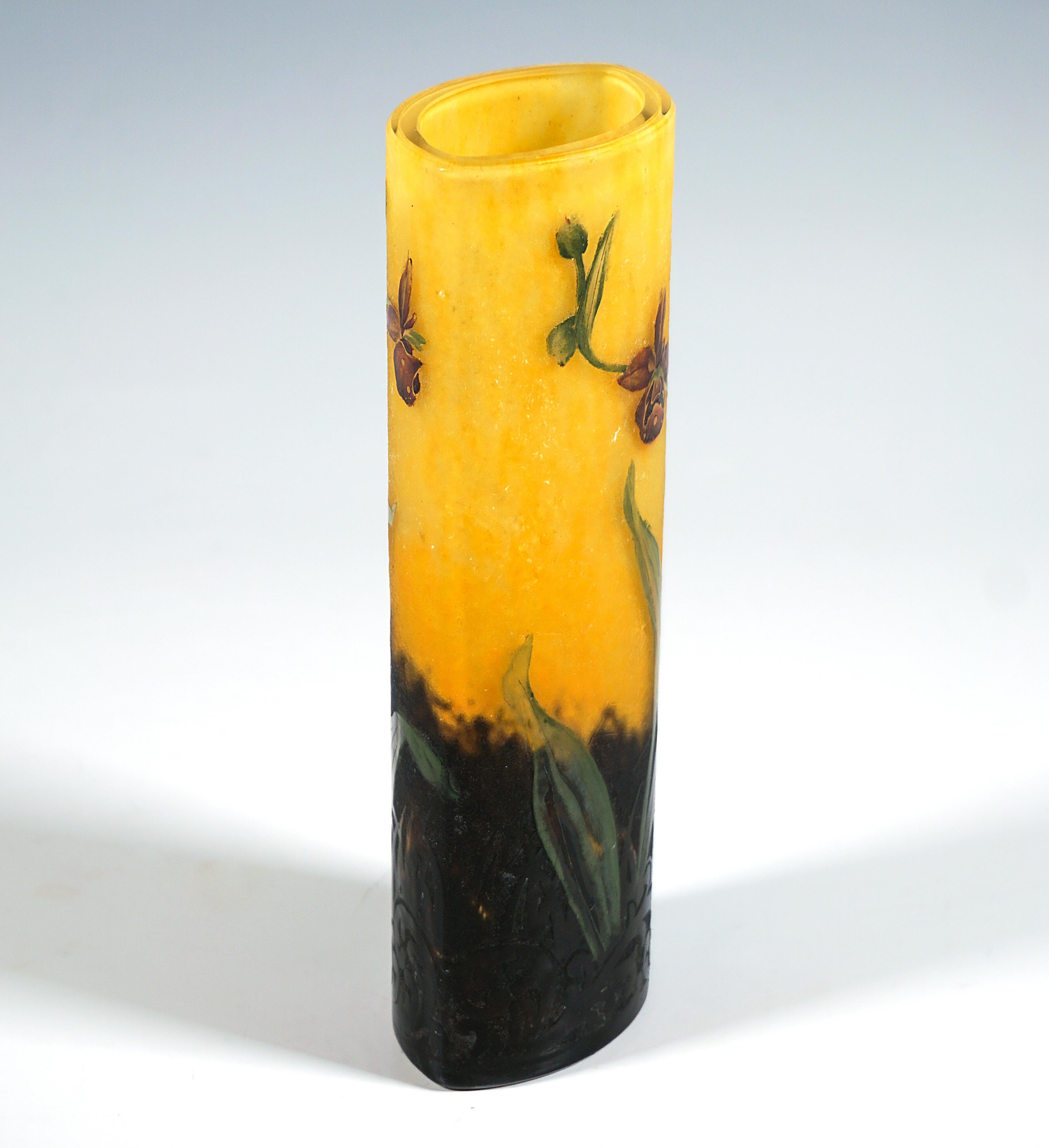 Etched Art Nouveau Cameo Vase With Lady's Slipper Decor, Daum Nancy, France, ca 1900/05