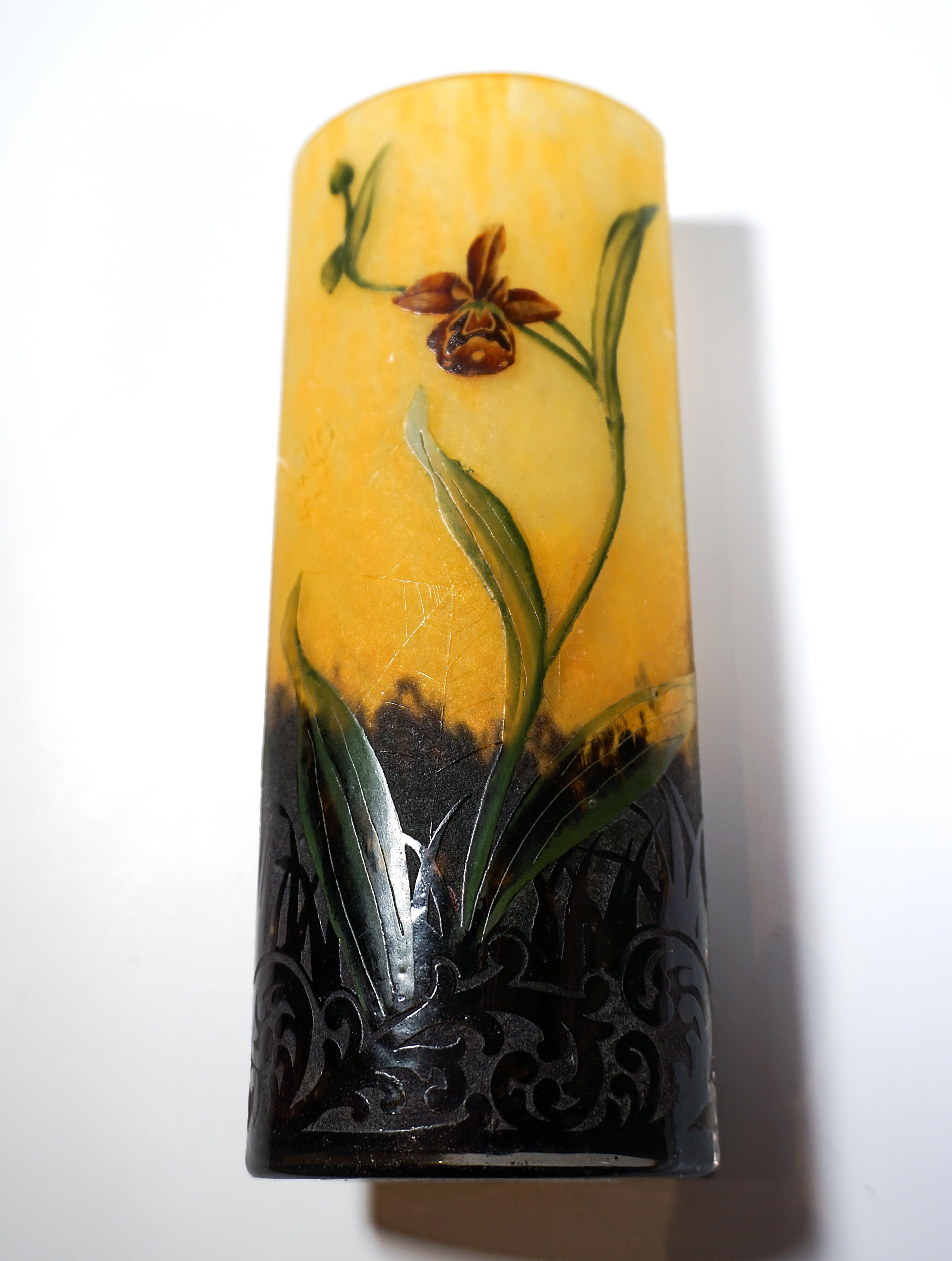 Glass Art Nouveau Cameo Vase With Lady's Slipper Decor, Daum Nancy, France, ca 1900/05