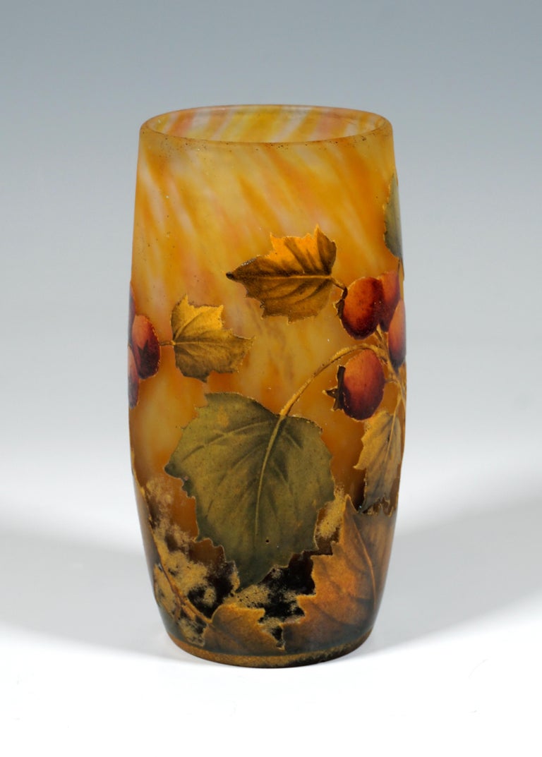 Etched Art Nouveau Cameo Vase with Rose Hip Decor, Daum Nancy, France, 1900/05 For Sale