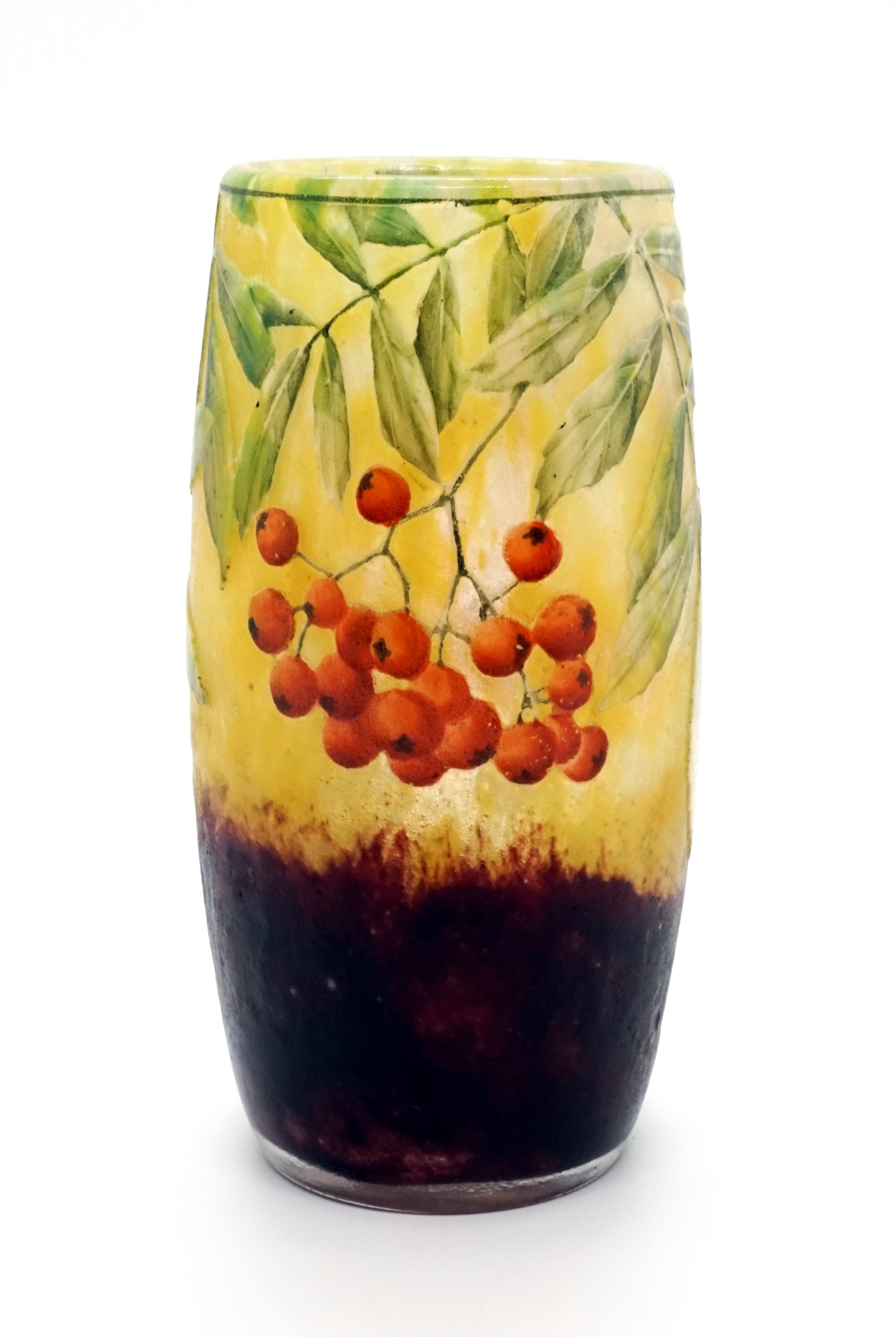 French Art Nouveau Cameo Vase with Sea Buckthorn Decor, Daum Nancy, France, 1900-1905