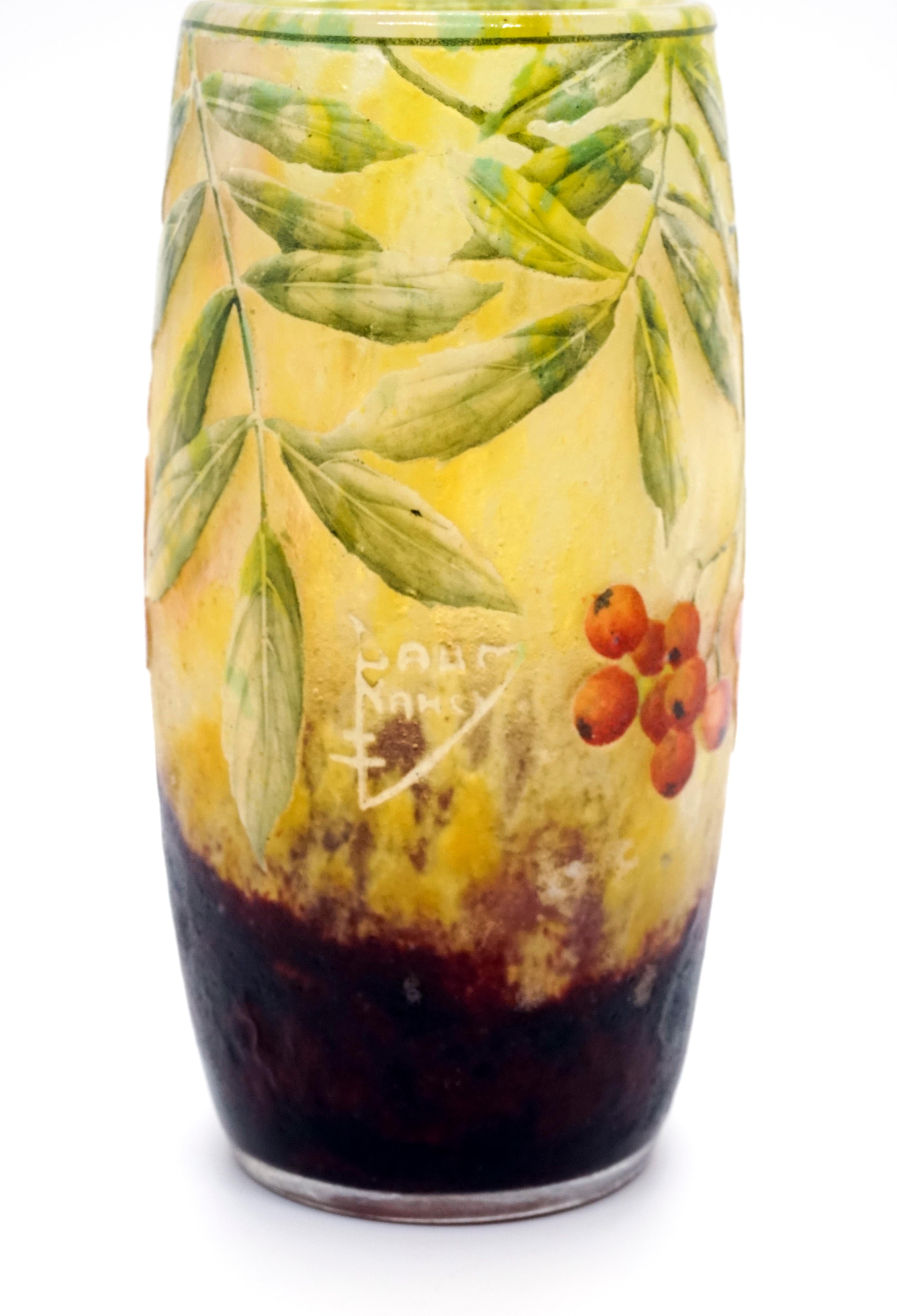 Etched Art Nouveau Cameo Vase with Sea Buckthorn Decor, Daum Nancy, France, 1900-1905