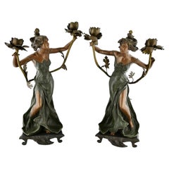 Art Nouveau Candelabra Ladies with Flowers Henri Plé France 1900
