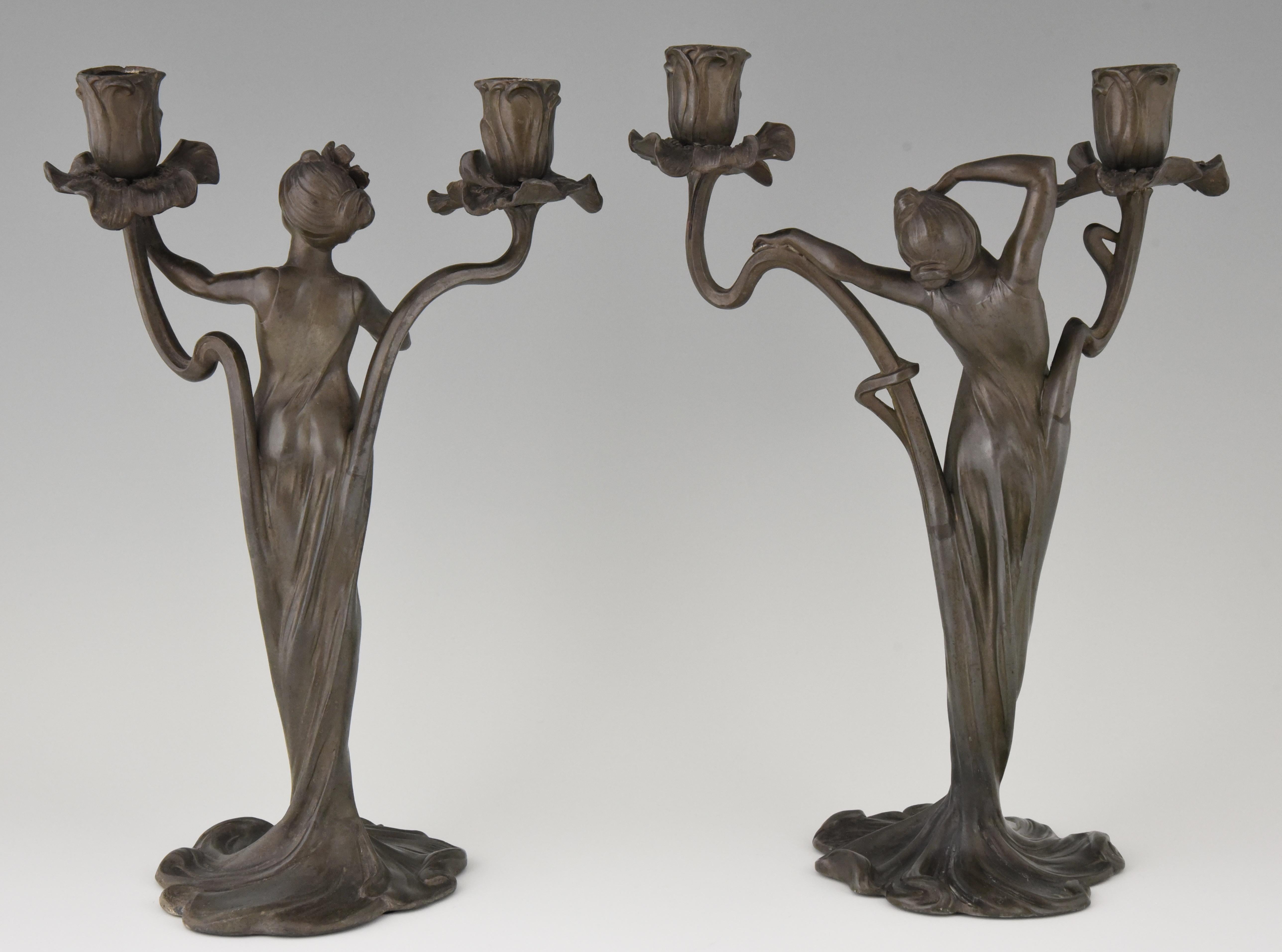 Art Nouveau Candelabra with Ladies and Flowers Claude Bonnefond, France, 1900 In Good Condition In Antwerp, BE