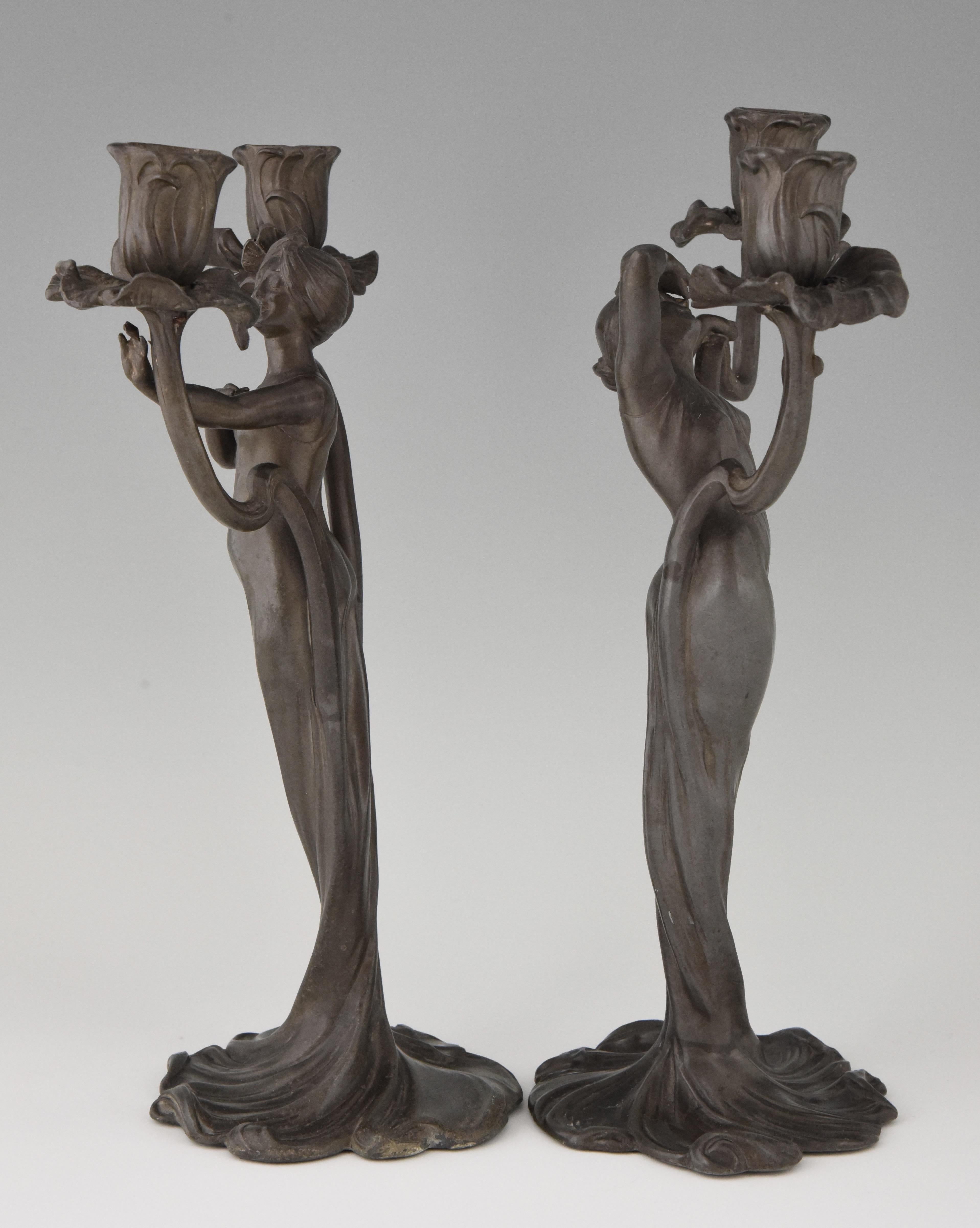 20th Century Art Nouveau Candelabra with Ladies and Flowers Claude Bonnefond, France, 1900