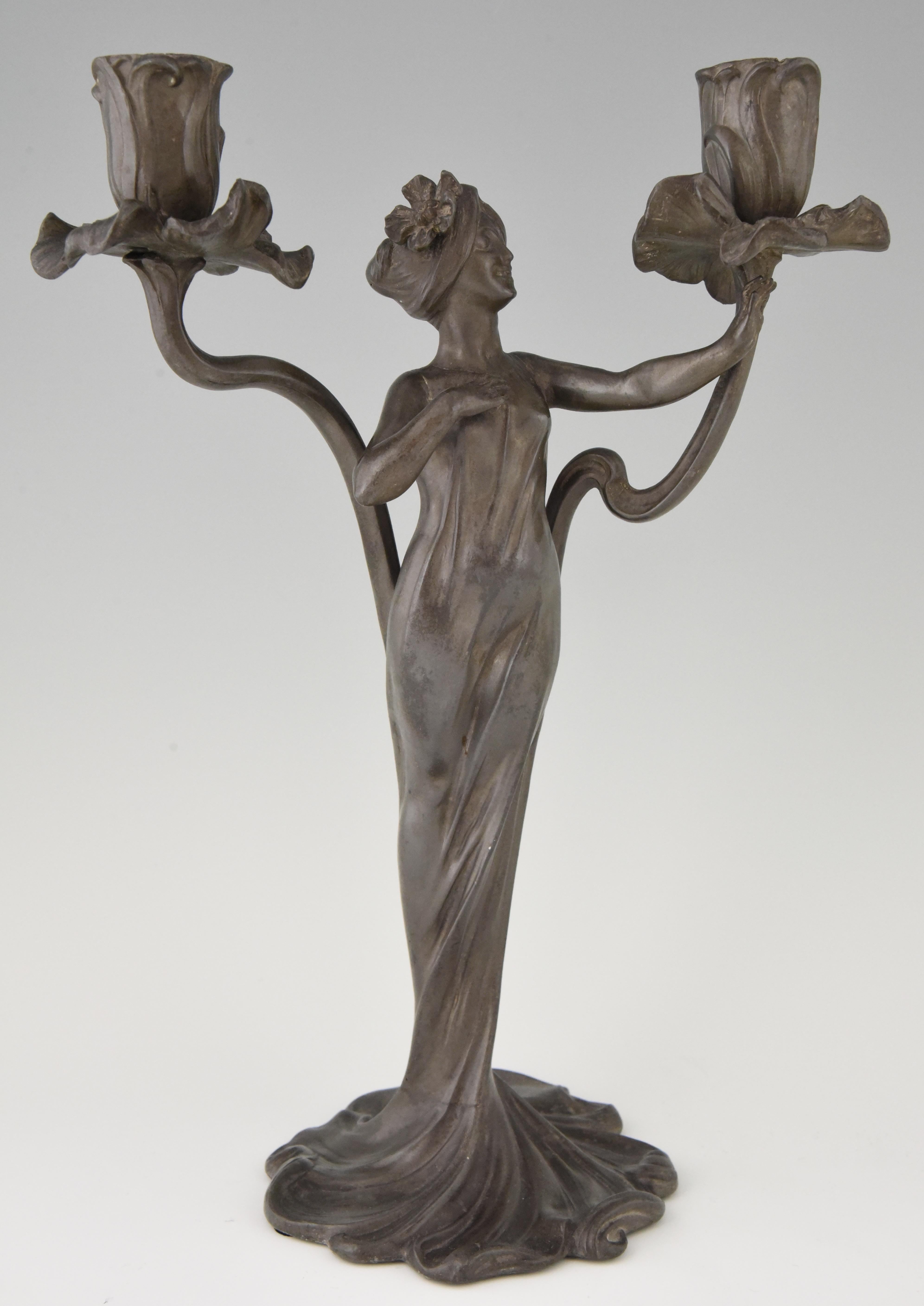 Art Nouveau Candelabra with Ladies and Flowers Claude Bonnefond, France, 1900 3