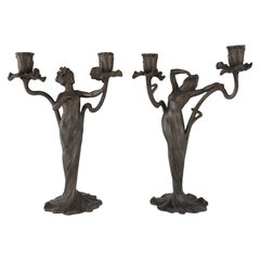 Antique Art Nouveau Candelabra with Ladies and Flowers Claude Bonnefond, France, 1900