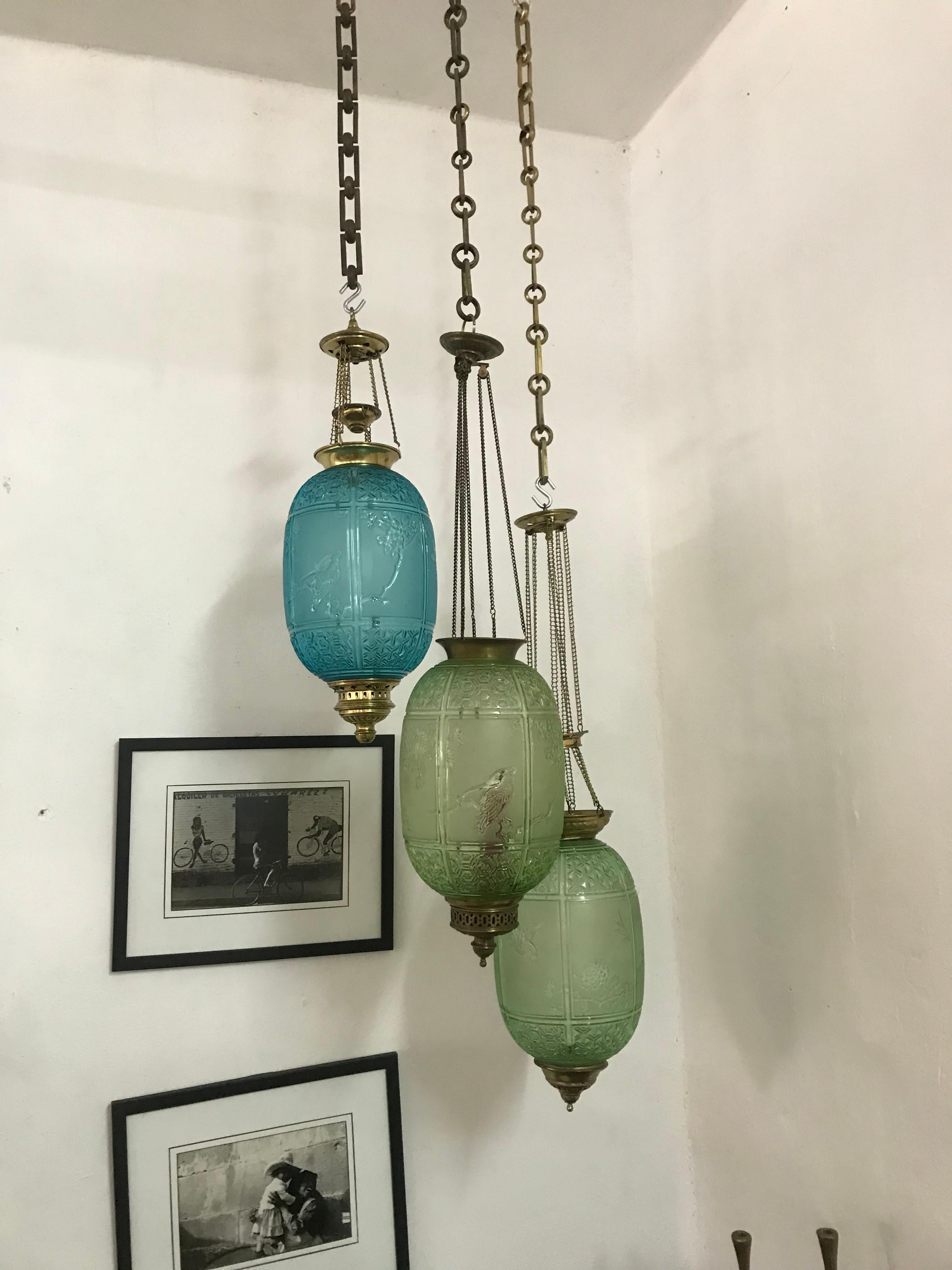 Late 19th Century Art Nouveau Candle Lanterns by Baccarat France, Depicting Birds 