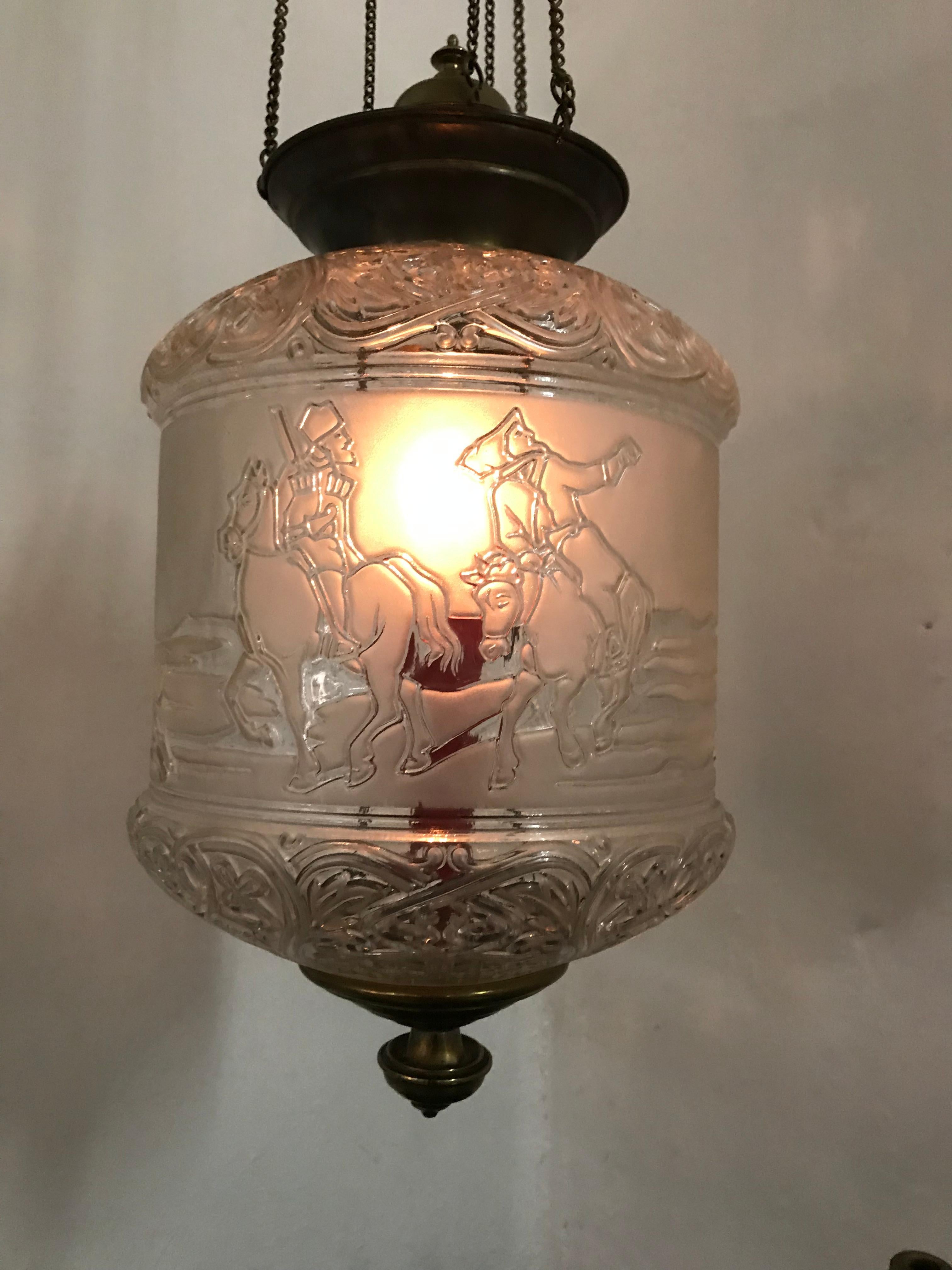 Three late 19th or early 20th century glass Lanterns by Baccarat France, all signed in the bottom with Baccarat and Depose marks.
They have two panels in which they depict a man on a Horse-pulled sleigh and on the other, 2 soldiers 