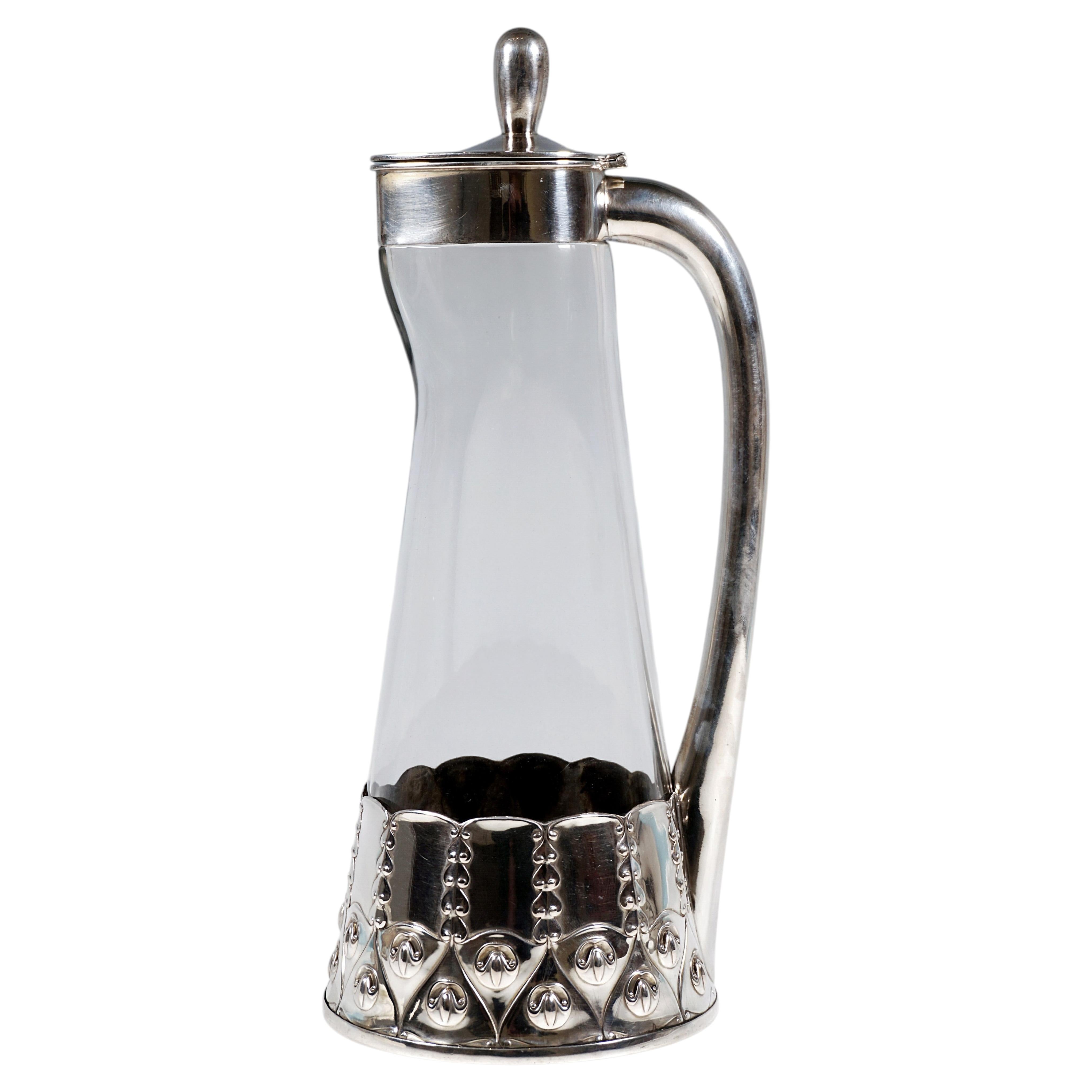 Art Nouveau Carafe Decanter With Silver Mount, VSF Duesseldorf, Germany, Ca 1900