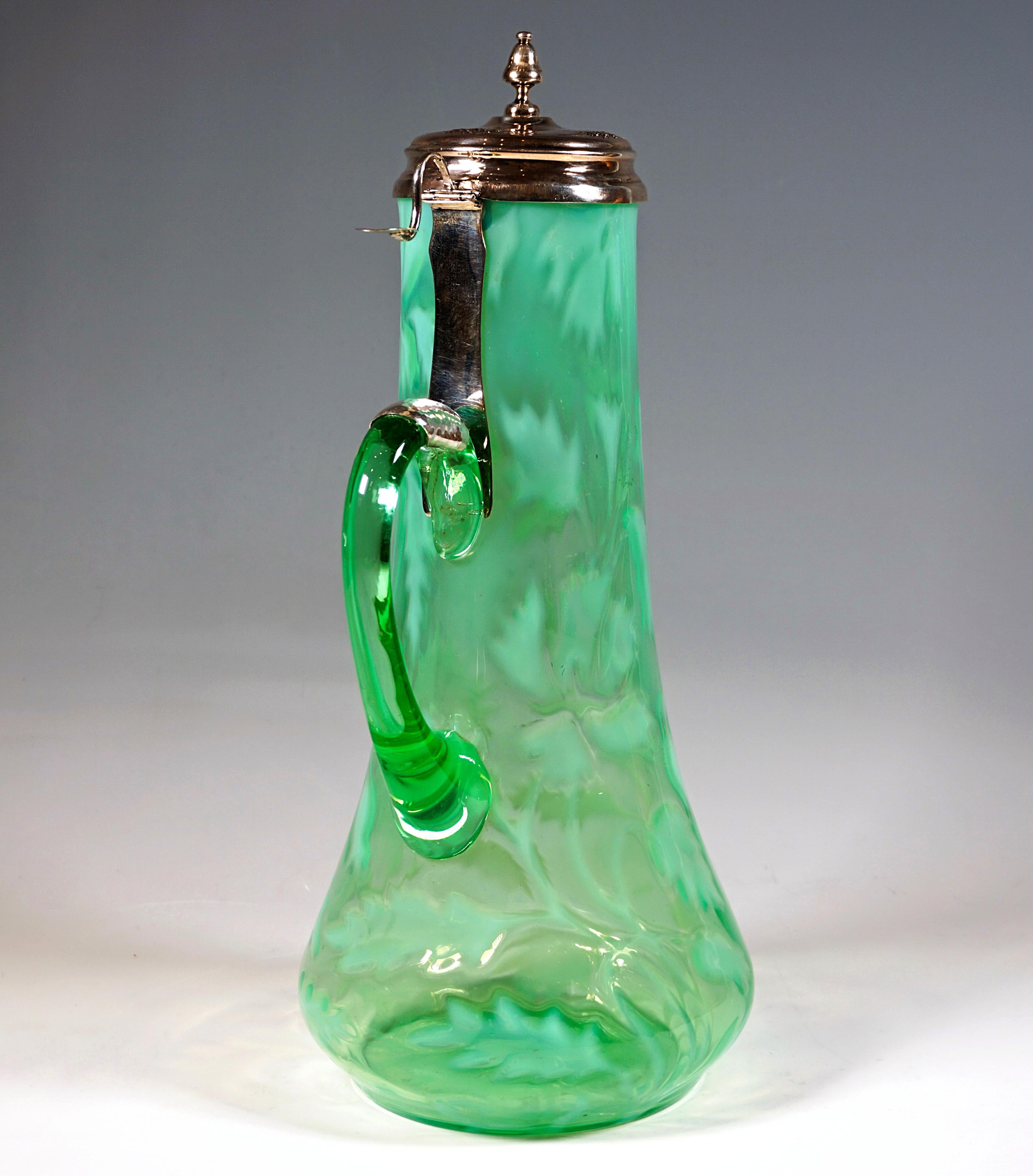 Portuguese Art Nouveau Carafe, Green Glass with Opaline & Silver Mount, Porto, Around 1900 For Sale