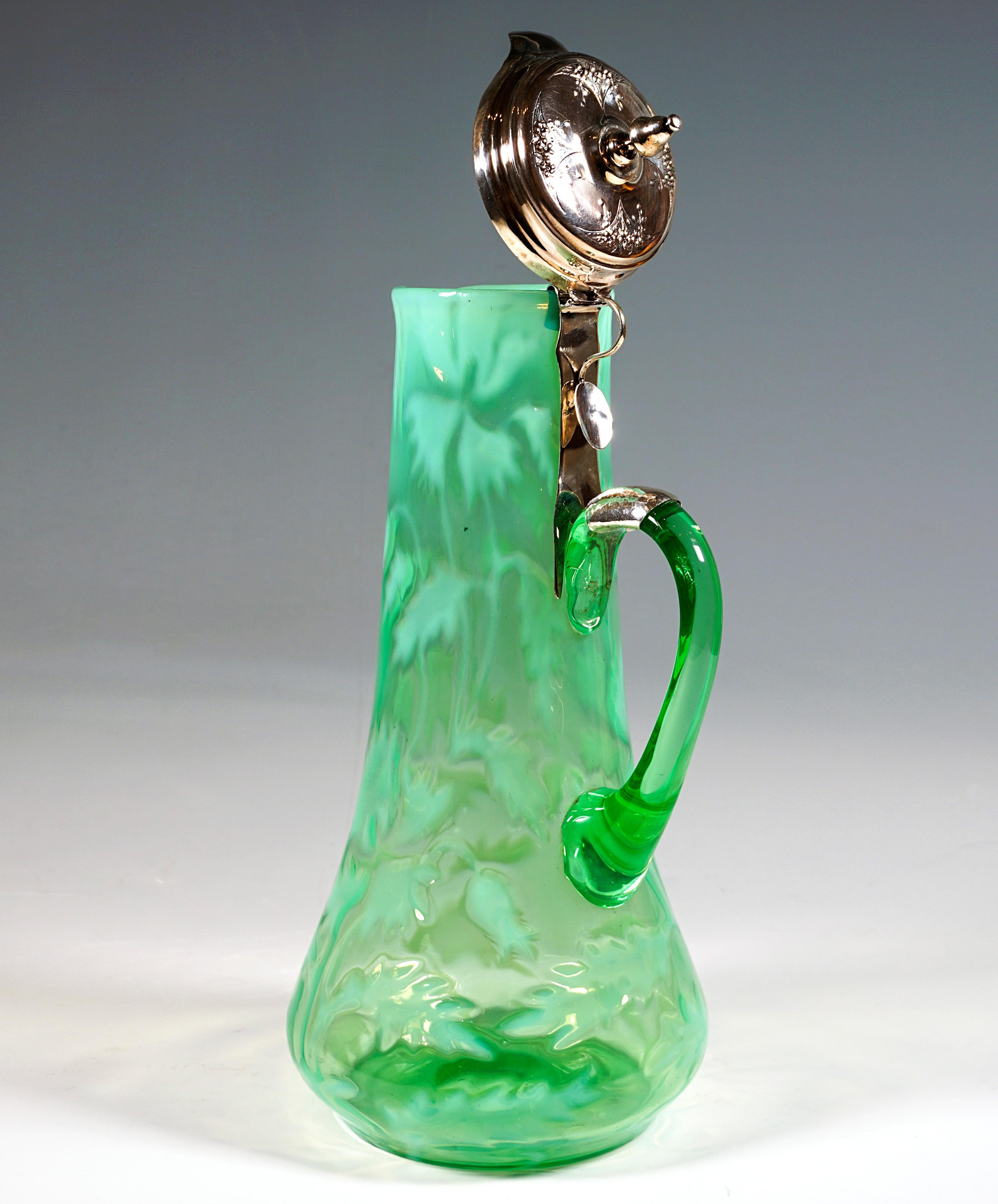 Hand-Crafted Art Nouveau Carafe, Green Glass with Opaline & Silver Mount, Porto, Around 1900 For Sale