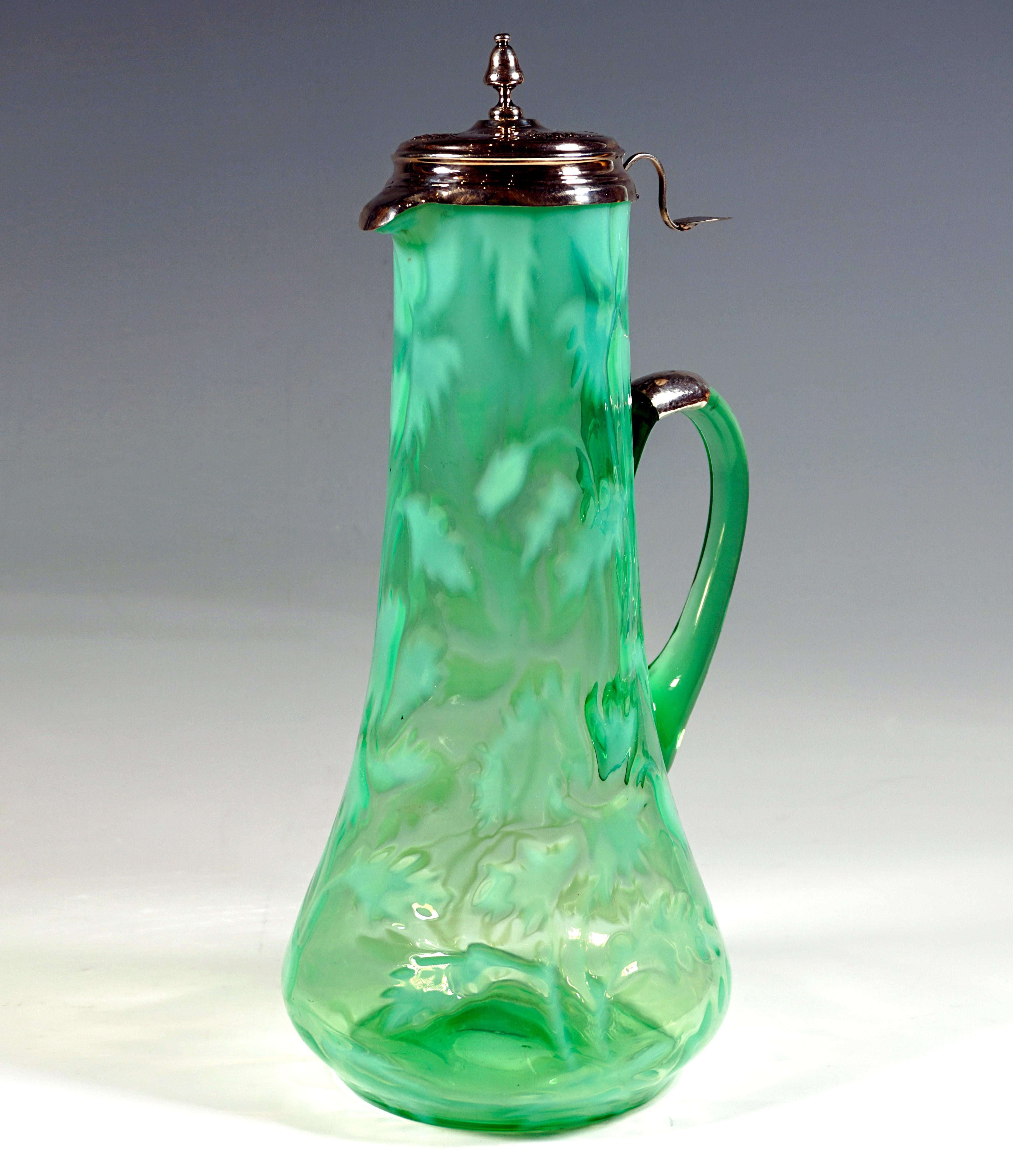 Art Nouveau Carafe, Green Glass with Opaline & Silver Mount, Porto, Around 1900 In Good Condition For Sale In Vienna, AT