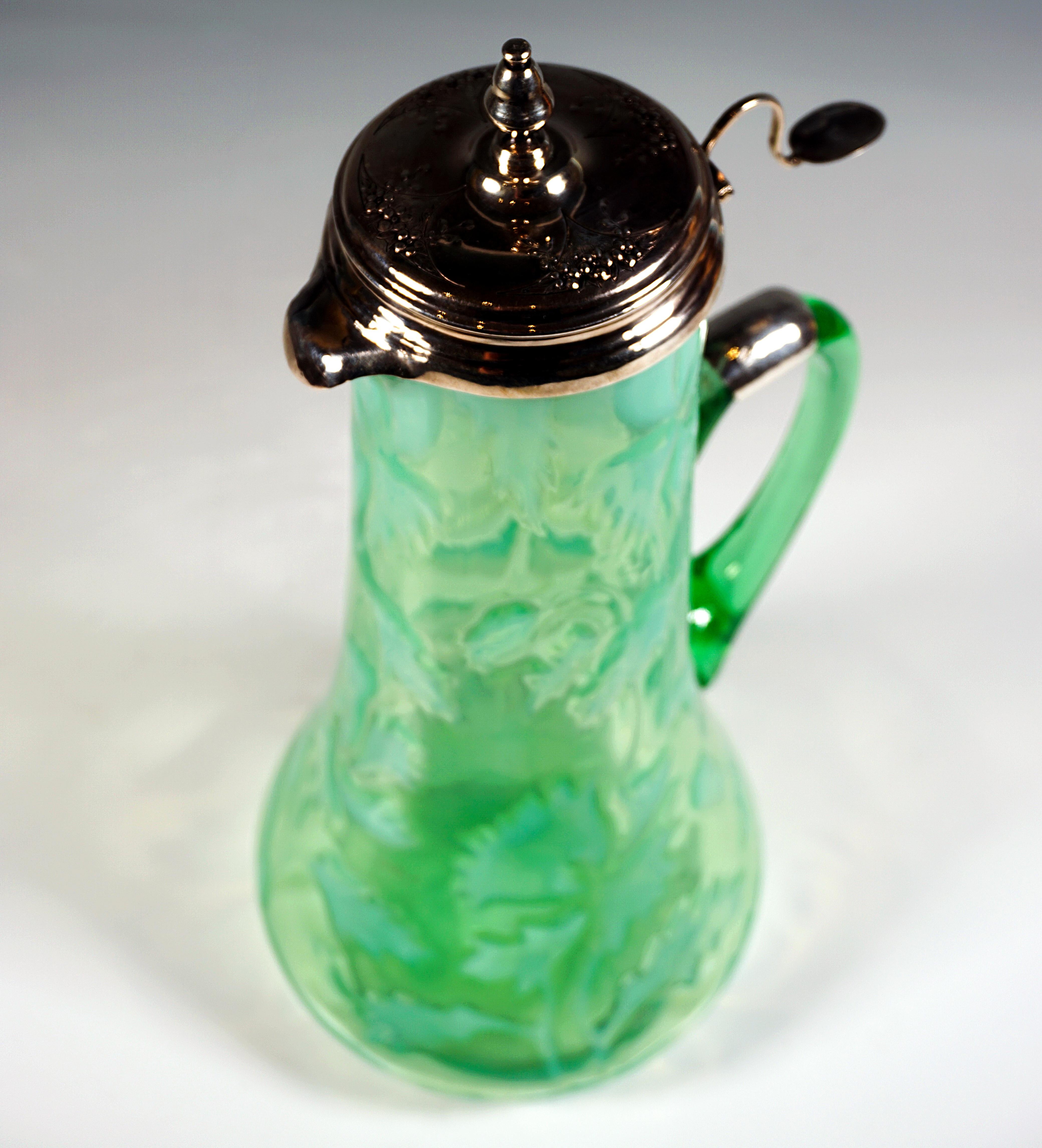 Early 20th Century Art Nouveau Carafe, Green Glass with Opaline & Silver Mount, Porto, Around 1900 For Sale